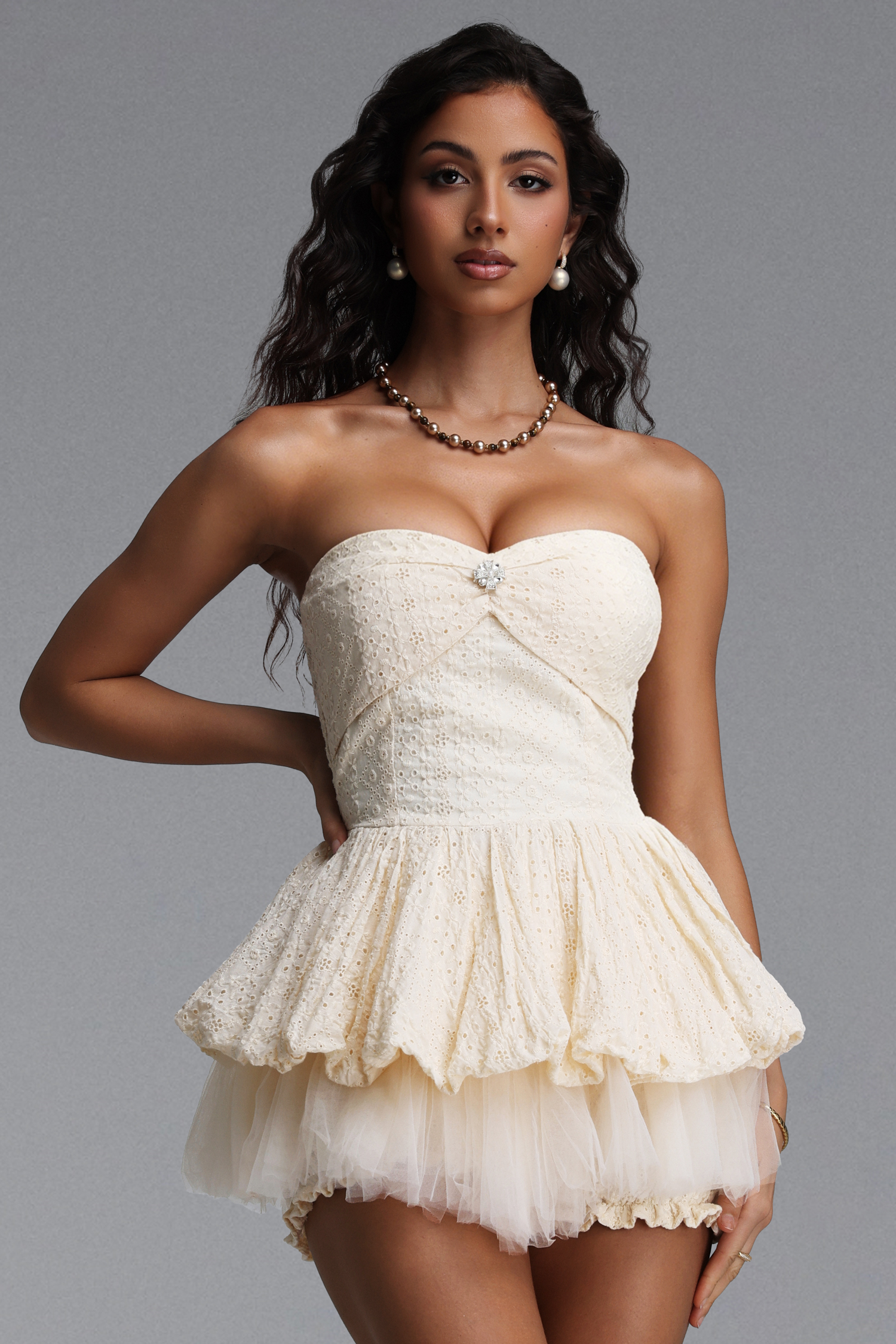 Saly Chic Cinched Sleeveless Rhinestone Tulle Two Piece Set