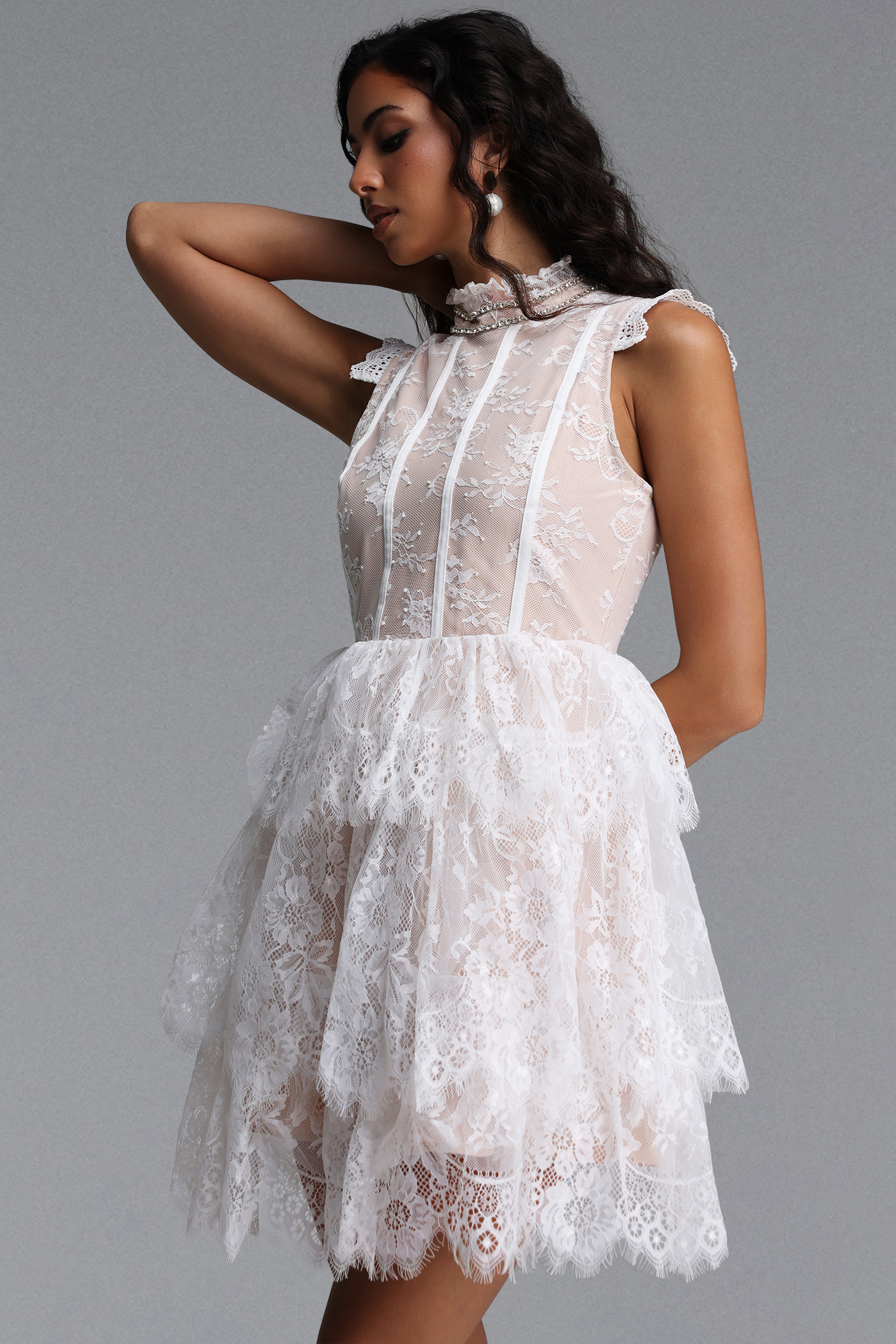 Haliya Elegant Cinched Sleeveless Ruffle Floral Lace Mini Dress