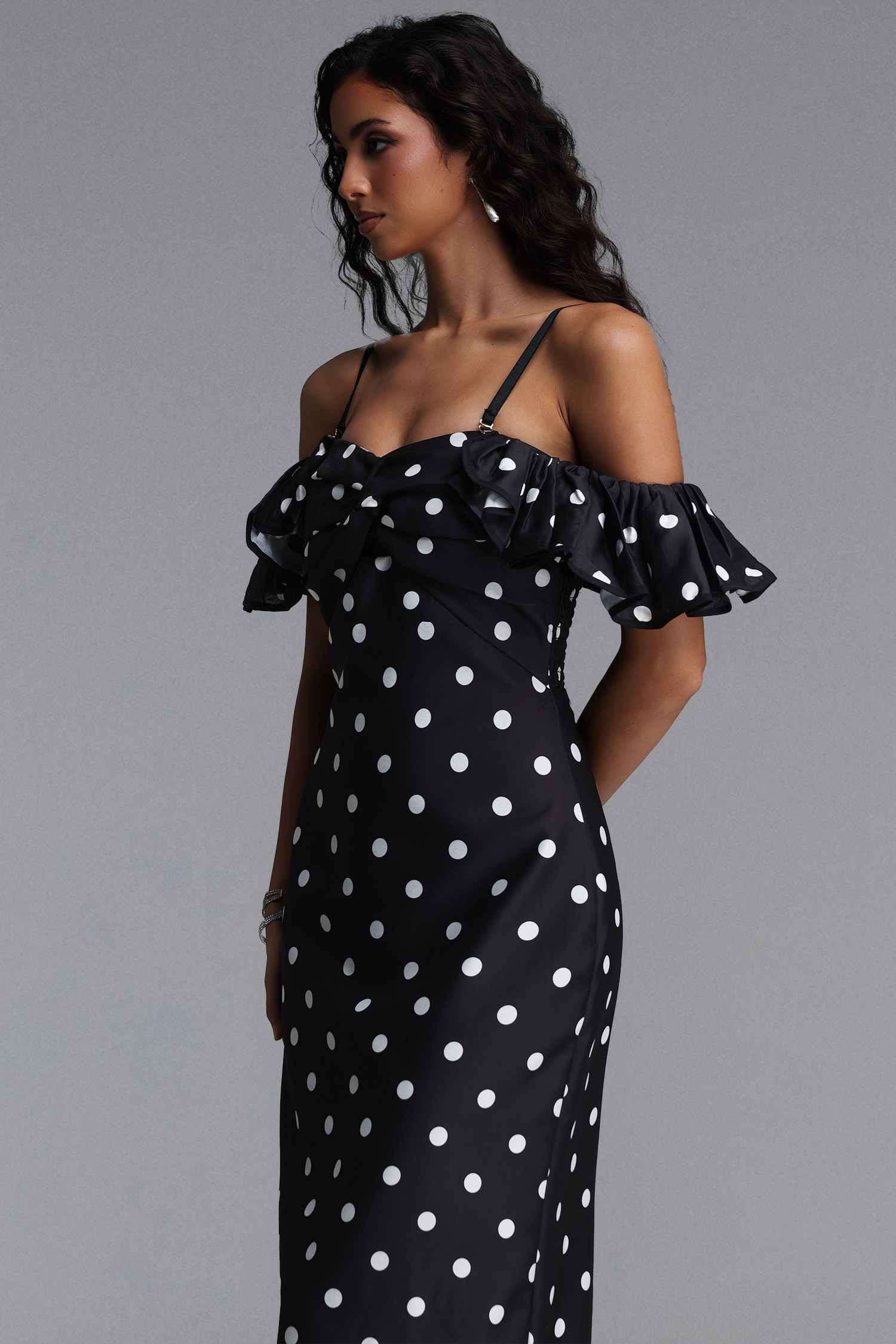 Gilian Classic Tailored Off Shoulder Ruffle Polka Dot Woven Maxi Dress