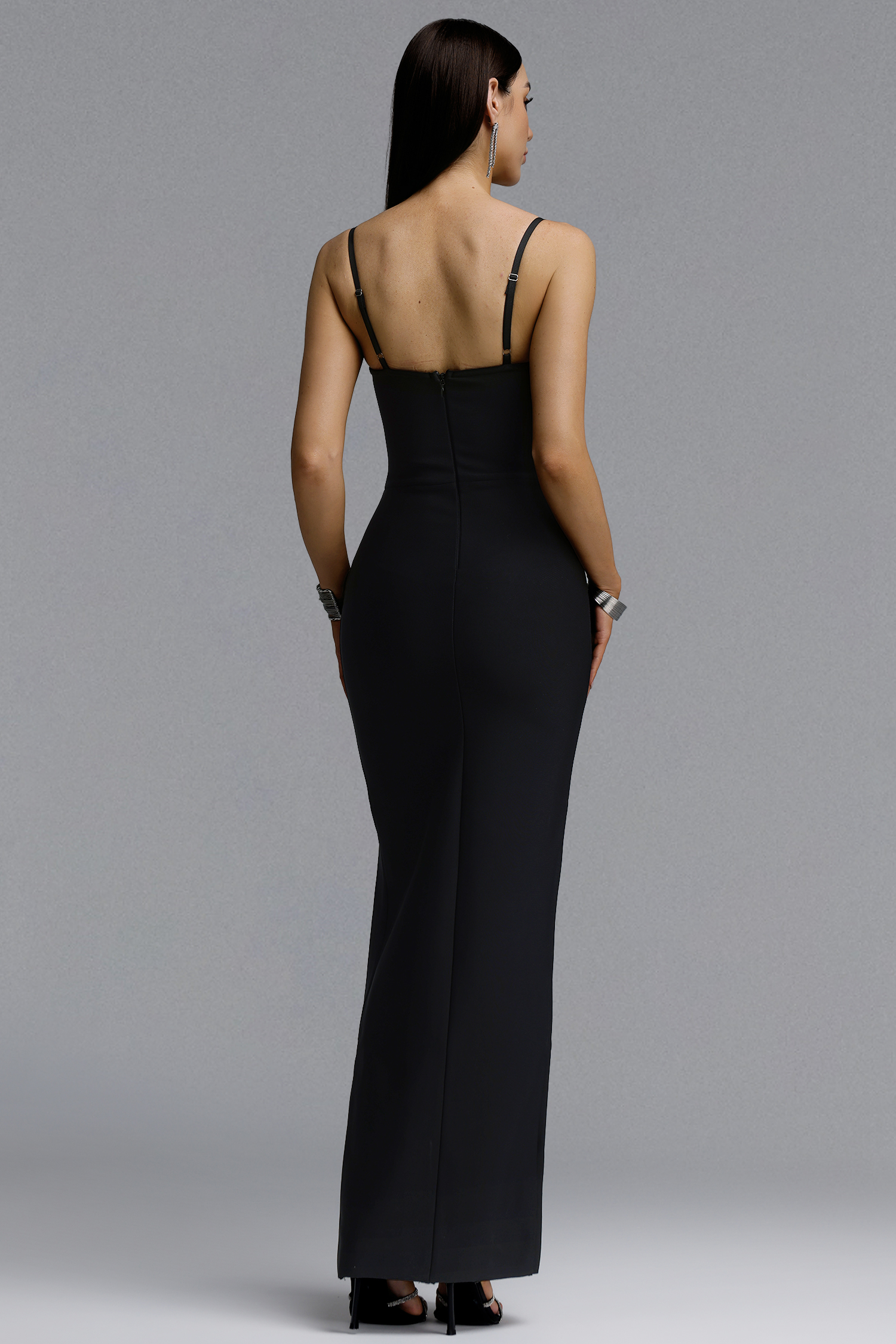 Farrah Chic Contour Spaghetti Strap V Neck Leaf Rhinestone High Slit Bandage Maxi Dress