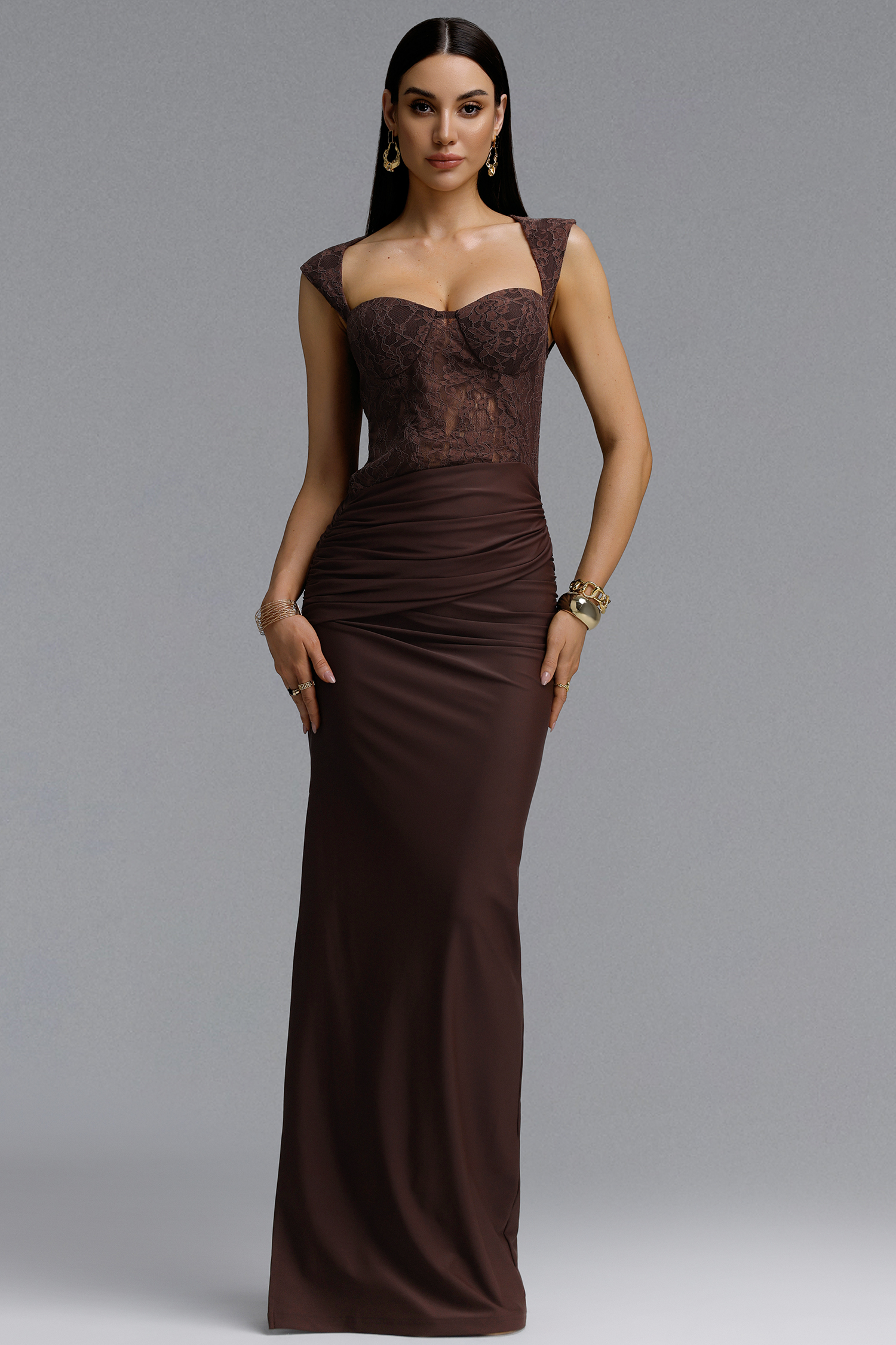 Tabitha Elegant Contour Ruched Lace Maxi Dress