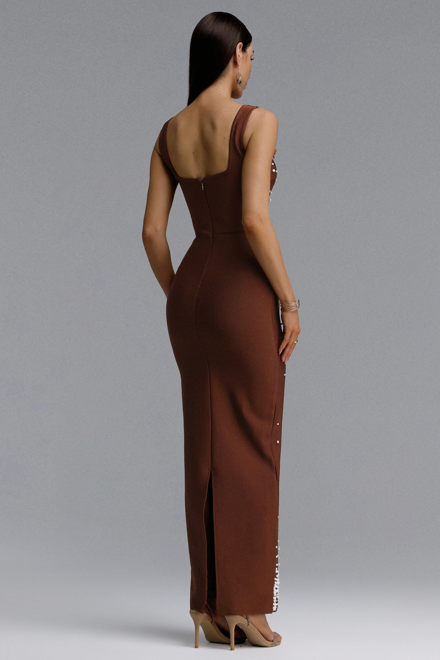 Shea Elegant Contour Square Neck Floral Pearl Bandage Brown Maxi Dress