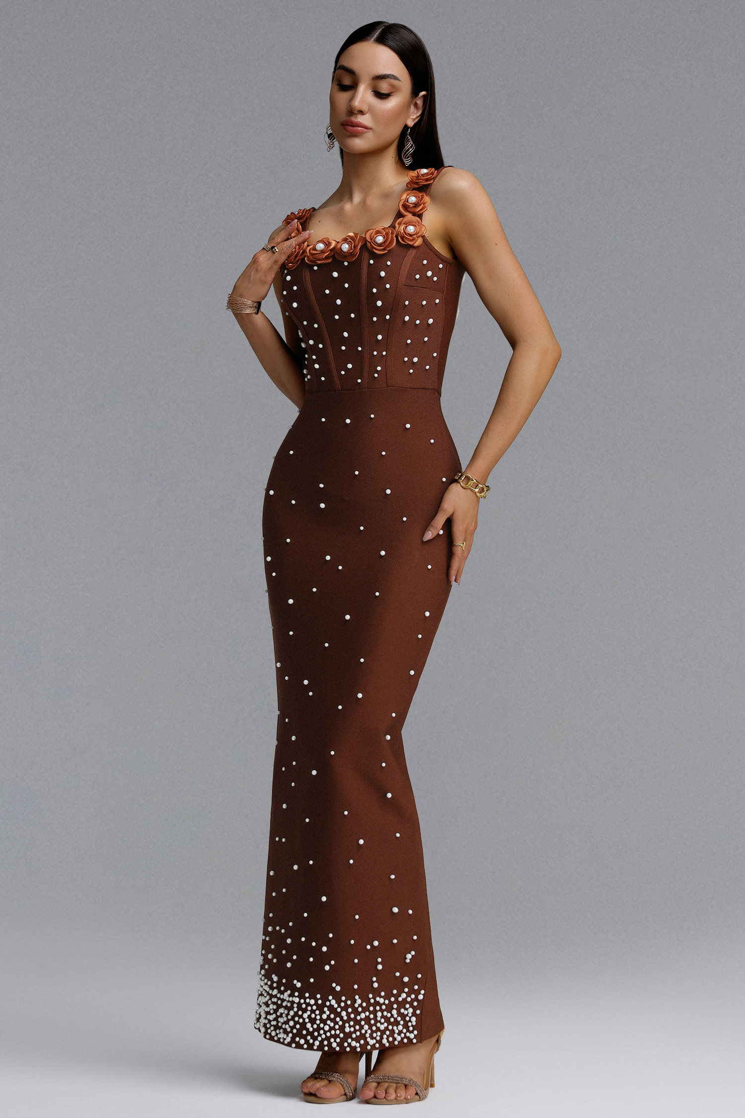 Shea Elegant Contour Square Neck Floral Pearl Bandage Brown Maxi Dress
