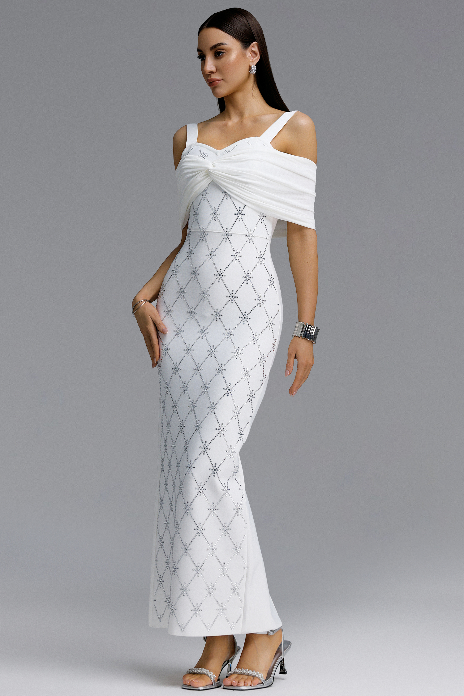 Zambezi Chic Contour Off Shoulder Twist Rhinestone Lattice Bandage Maxi Dress