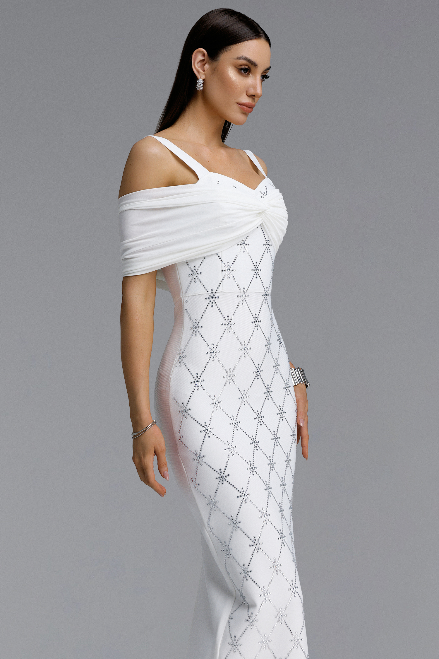 Zambezi Chic Contour Off Shoulder Twist Rhinestone Lattice Bandage Maxi Dress