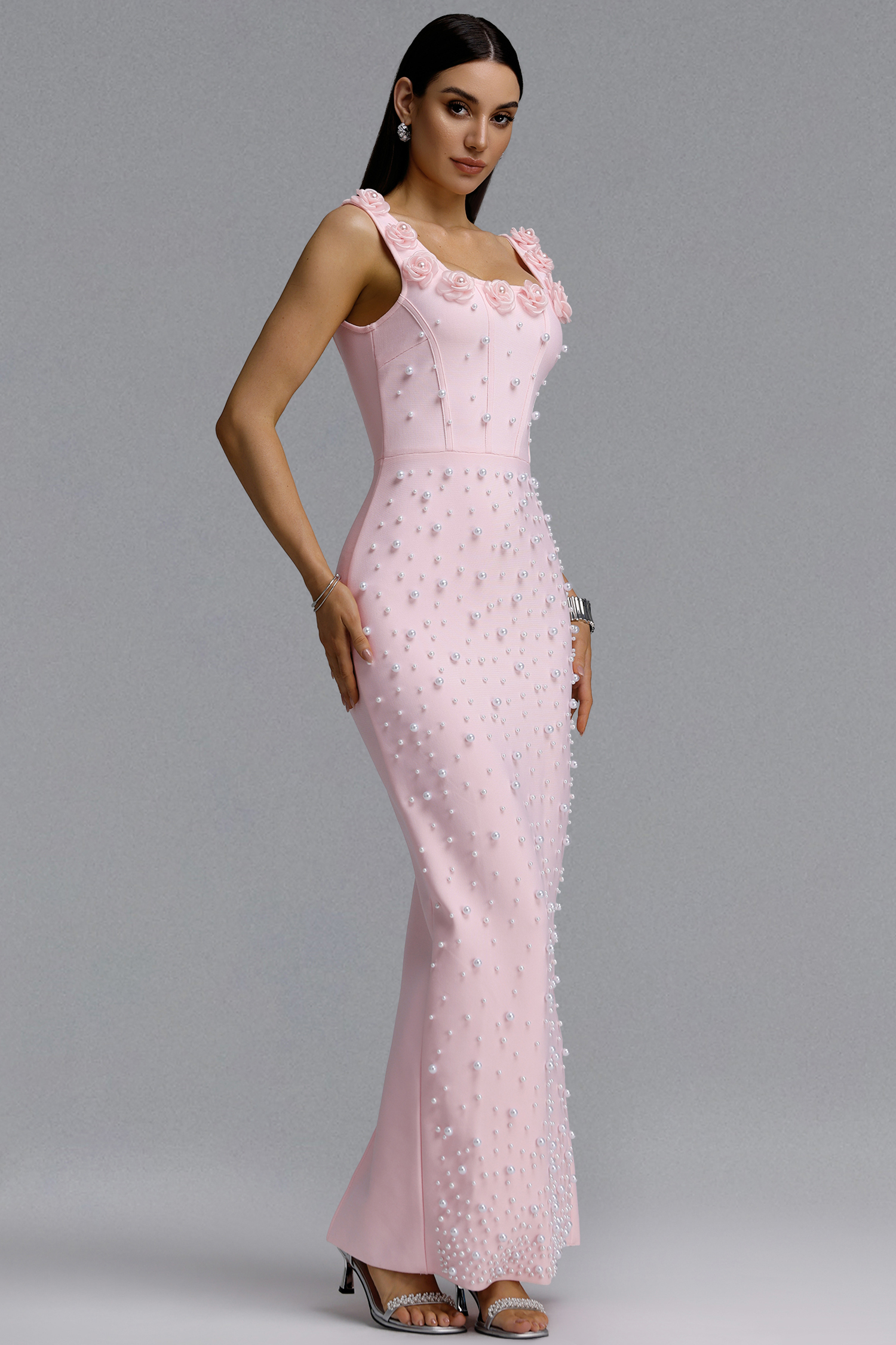 Shea Elegant Contour Square Neck Floral Pearl Bandage Pink Maxi Dress