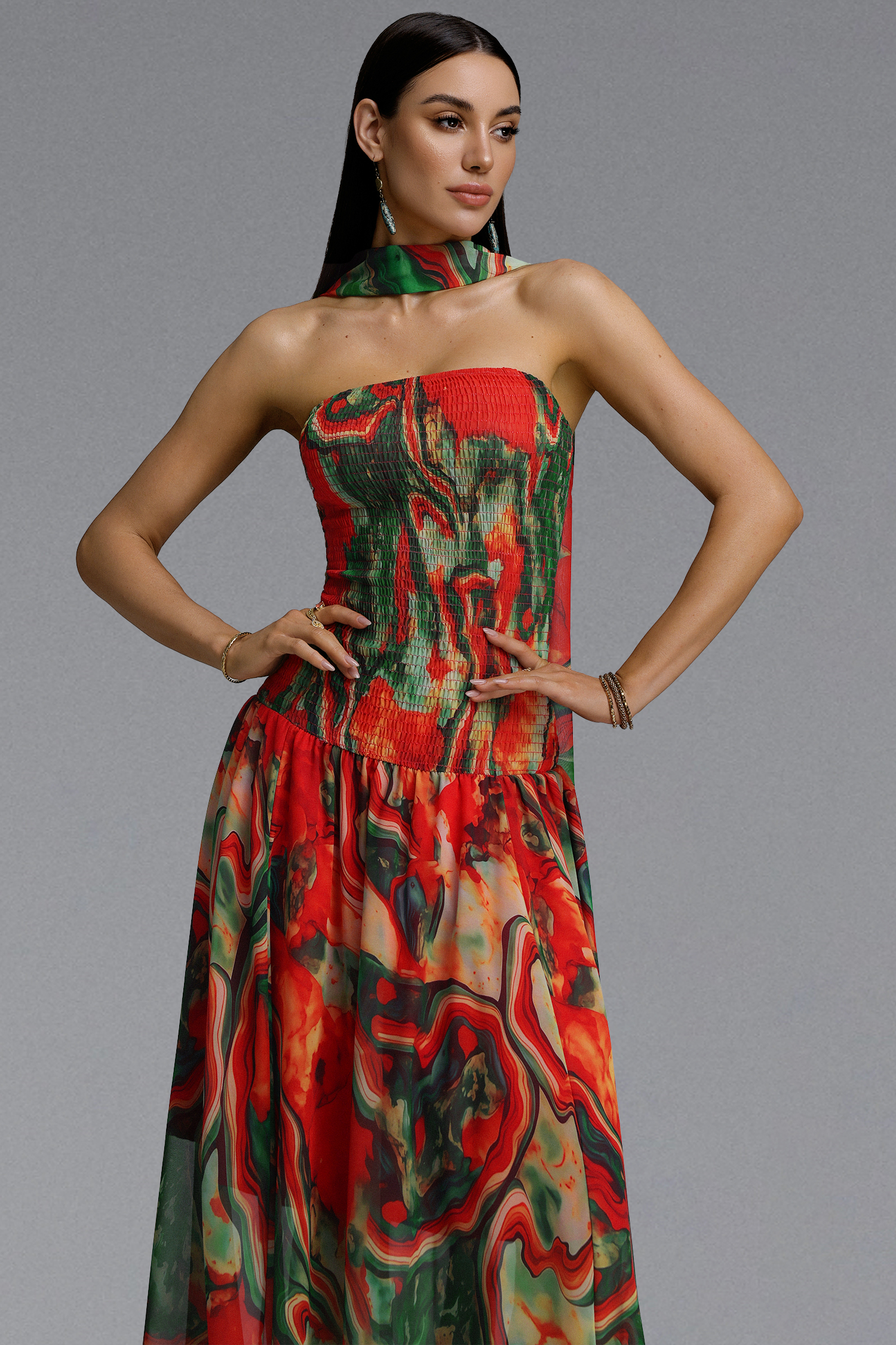 Roxany Vintage Contour Halter Strapless Scarf Fluid Oil Paint Maxi Dress
