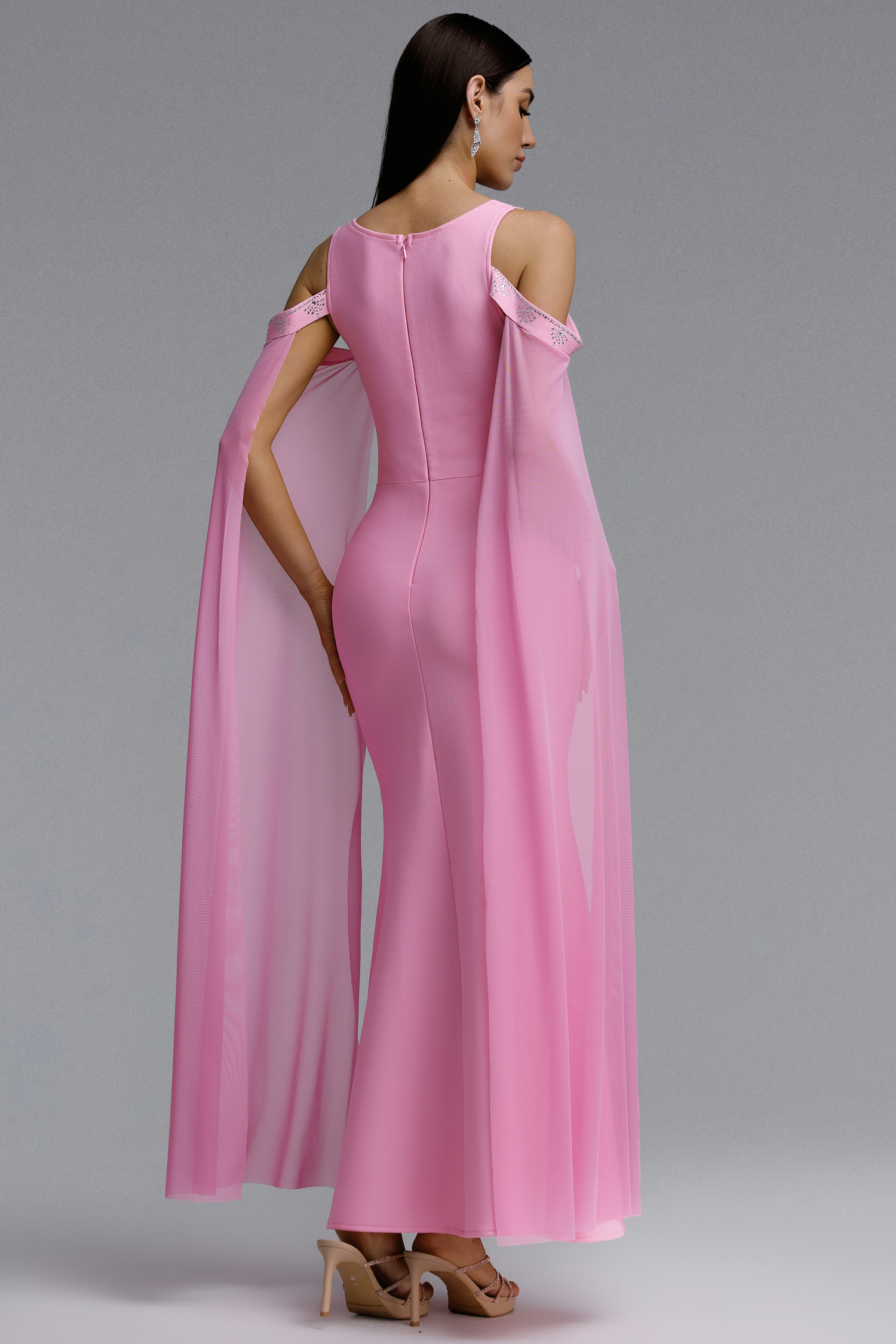 Kawko Romantic Contour Wide Strap Square Neck Symmetric Rhinestone Chiffon Cape Slit Bandage Maxi Dress