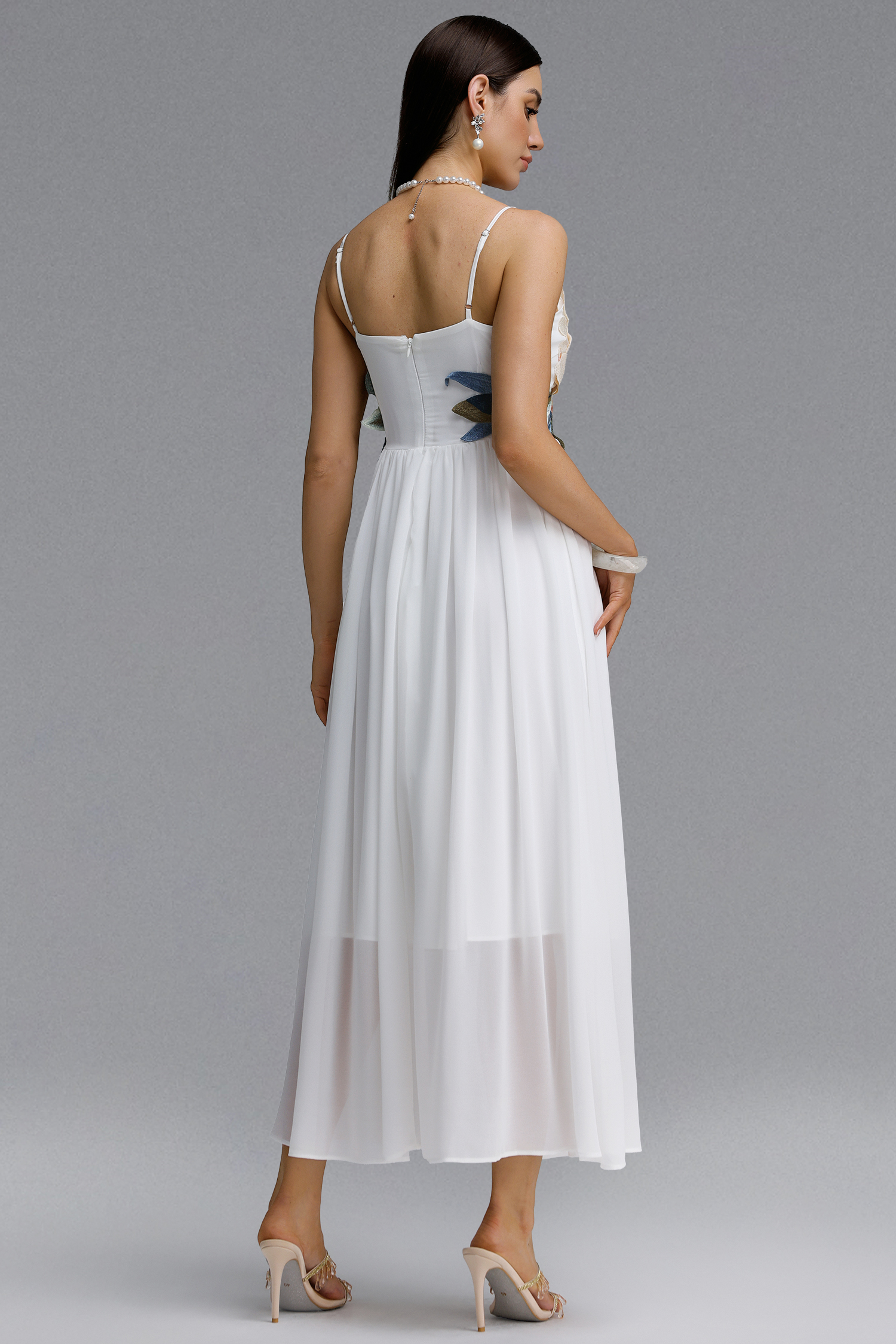 Takada Romantic Contour Spaghetti Strap Floral Chiffon White Maxi Dress
