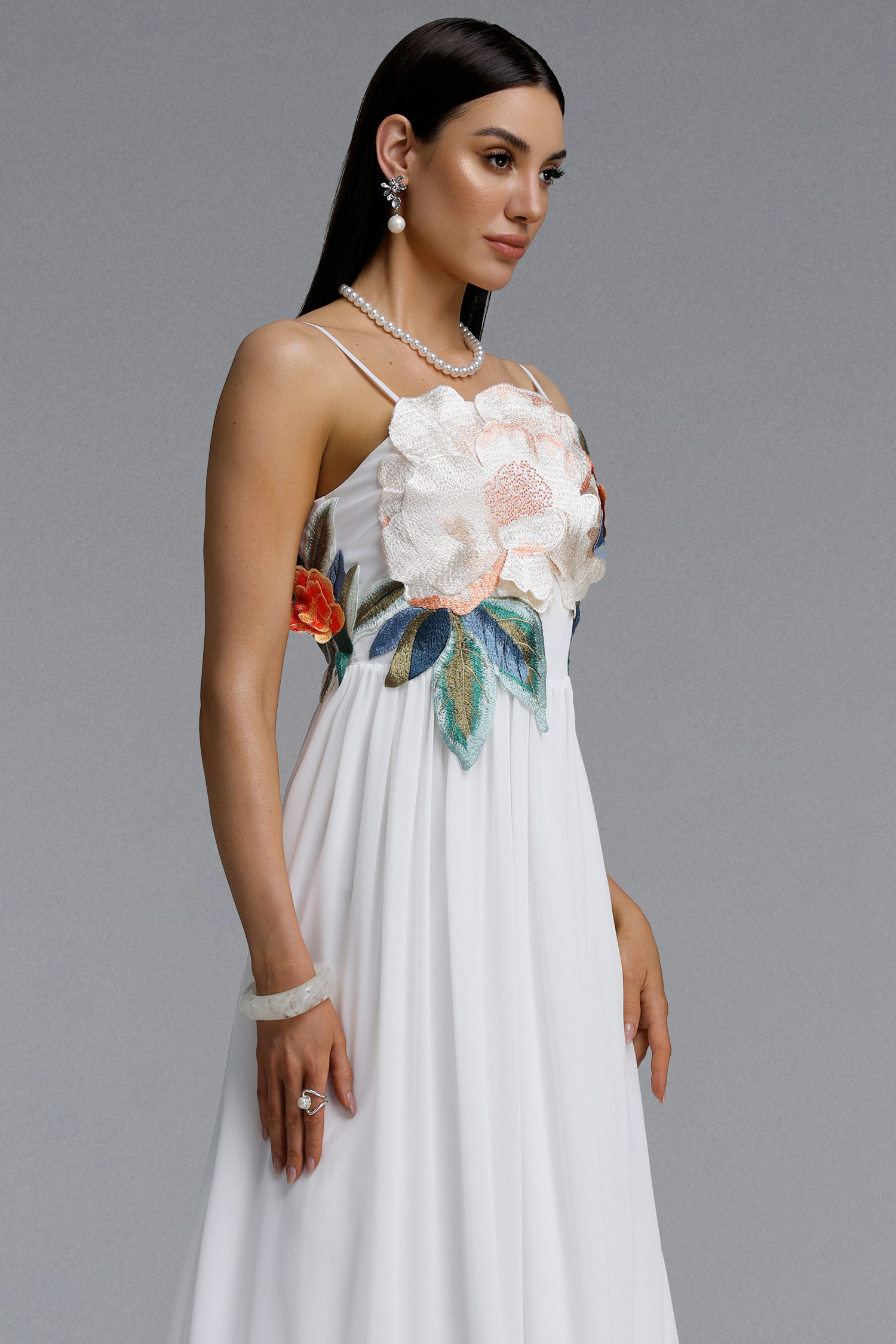 Takada Romantic Contour Spaghetti Strap Floral Chiffon White Maxi Dress