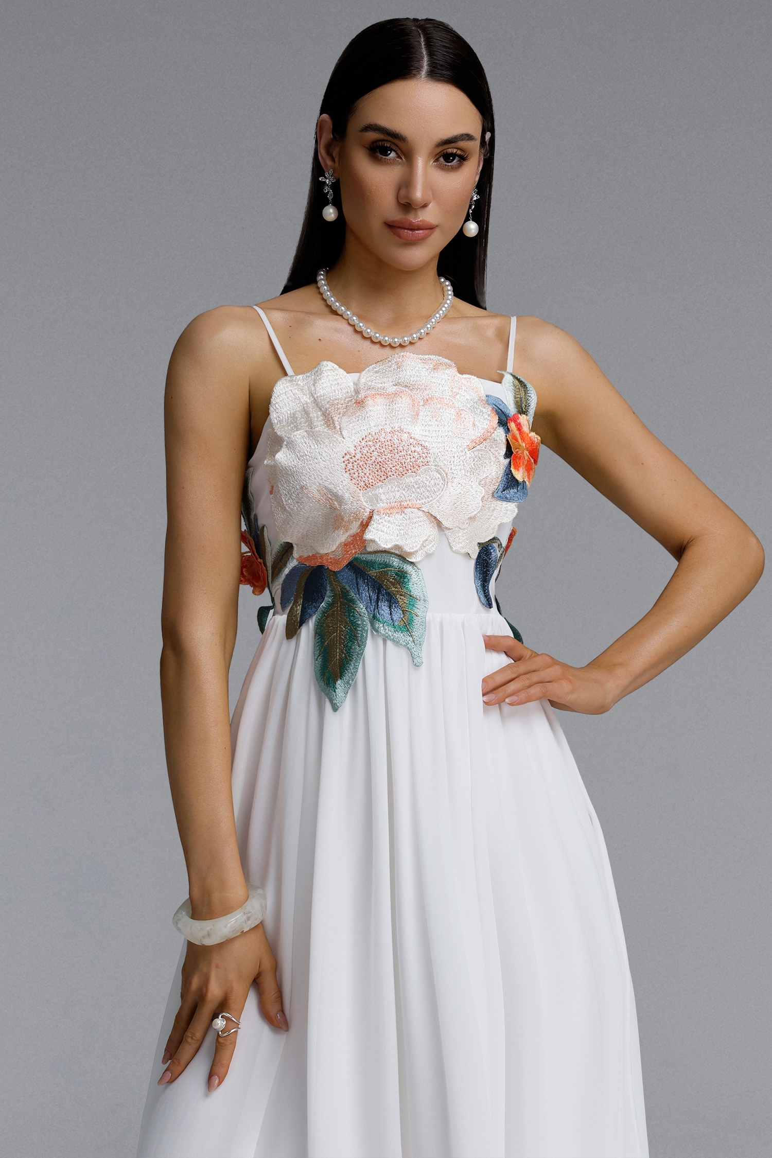 Takada Romantic Contour Spaghetti Strap Floral Chiffon White Maxi Dress