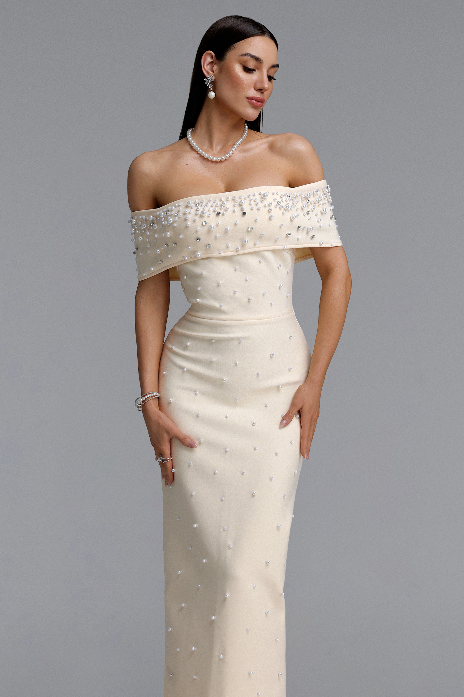 Isme Elegant Contour Off Shoulder Pearl Rhinestone Bandage Light Beige Maxi Dress