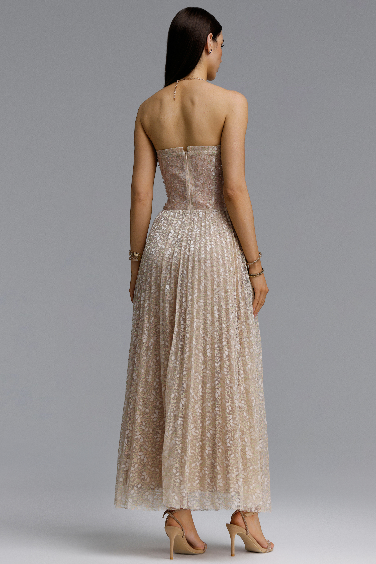 Elissa Romantic Contour Strapless Rhinestone Floral Lace Maxi Dress