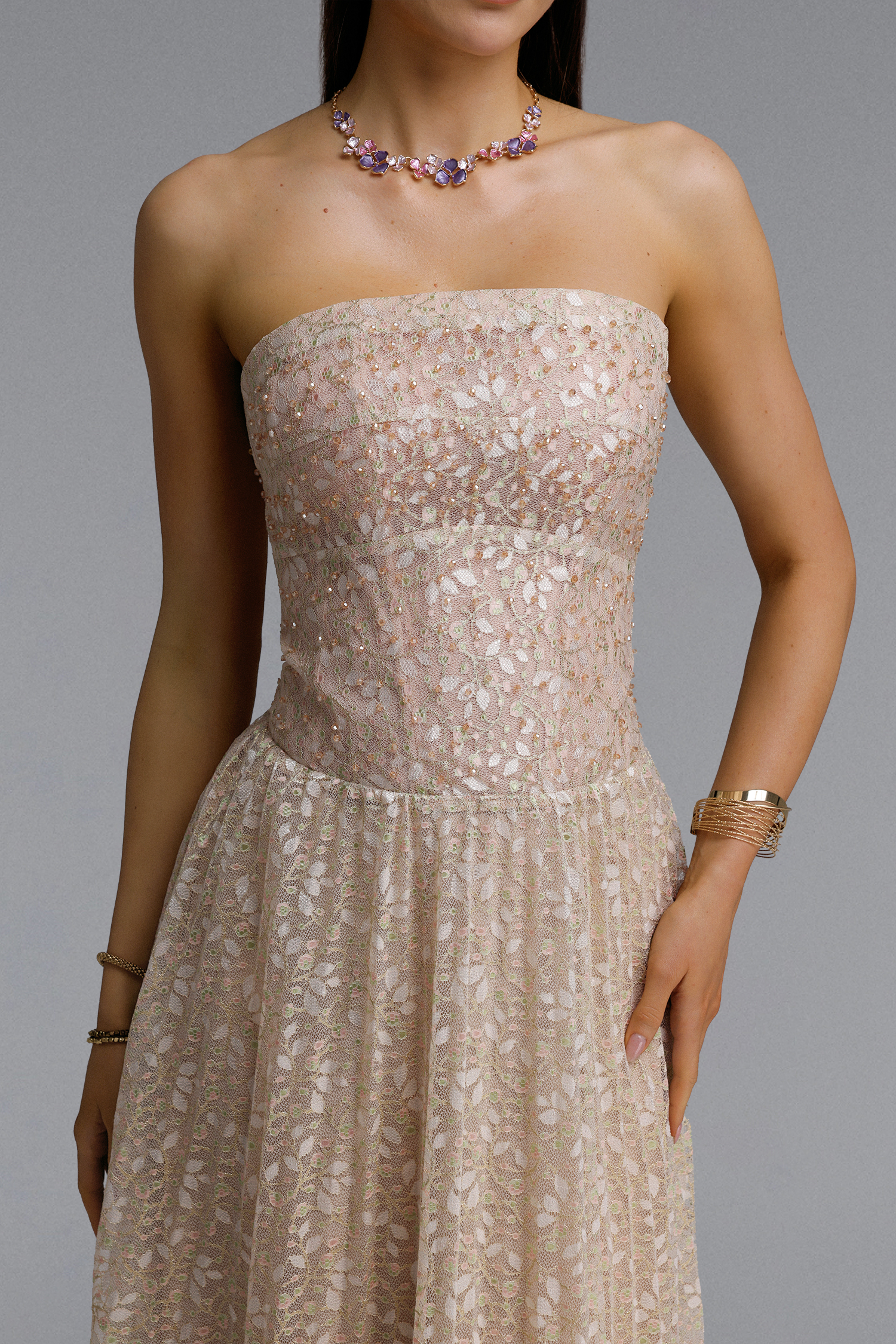 Elissa Romantic Contour Strapless Rhinestone Floral Lace Maxi Dress