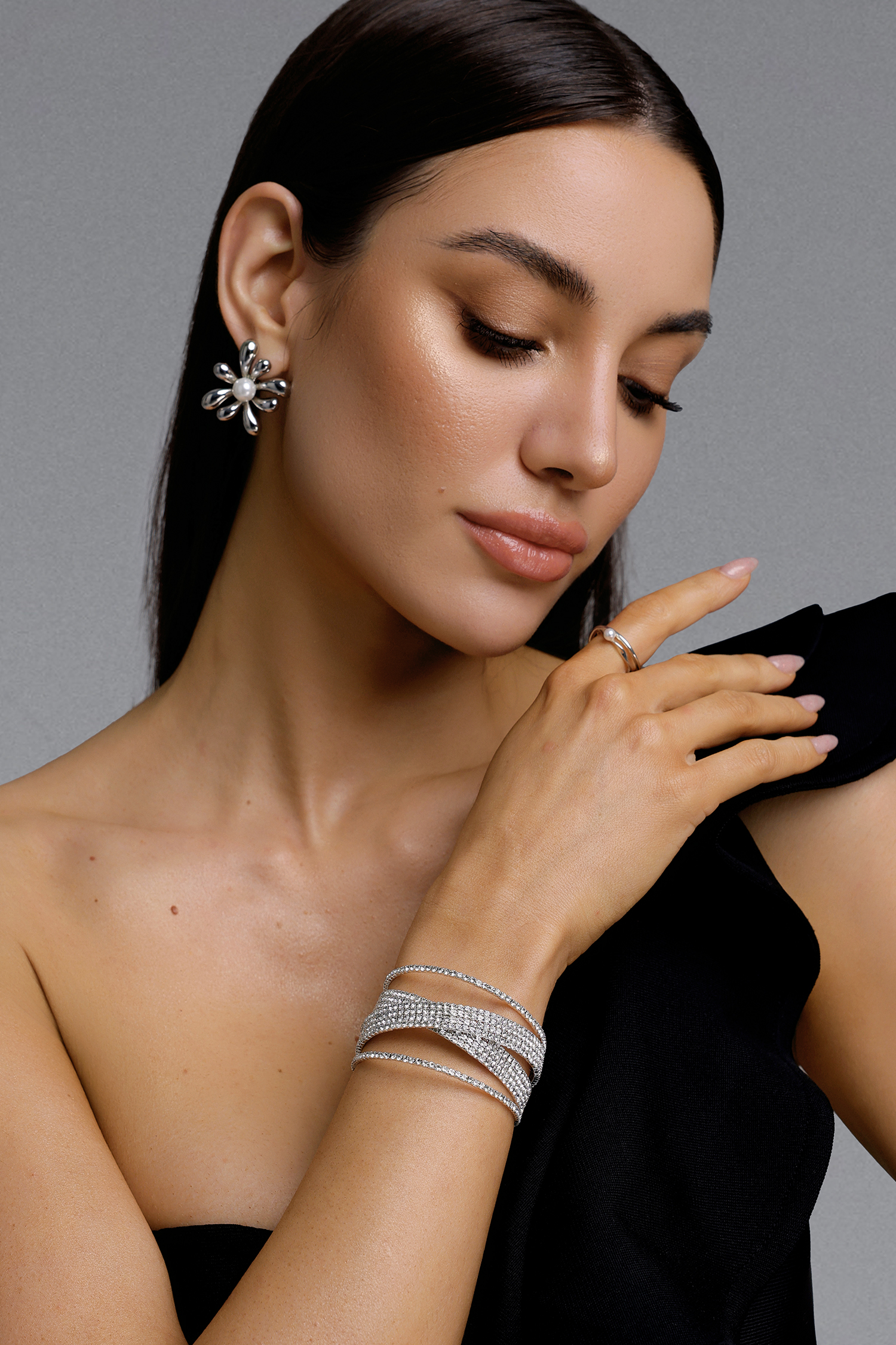 Jaca Layered Cross Pave Rhinestone Open Cuff Bangle