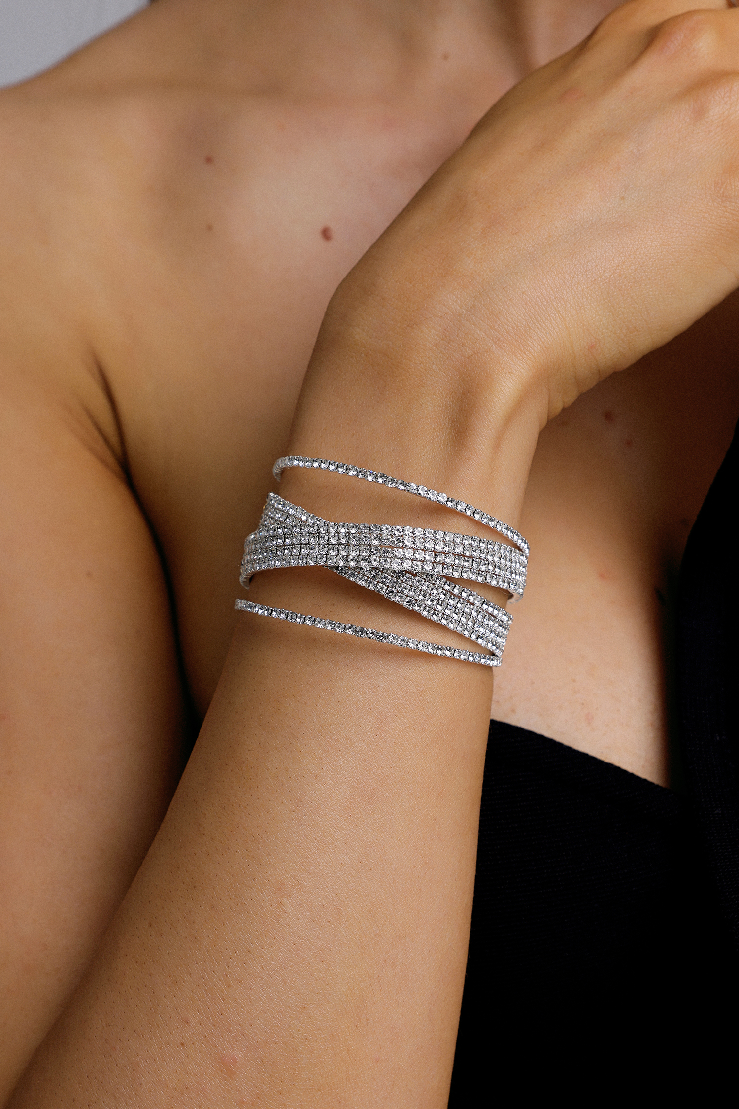 Jaca Layered Cross Pave Rhinestone Open Cuff Bangle
