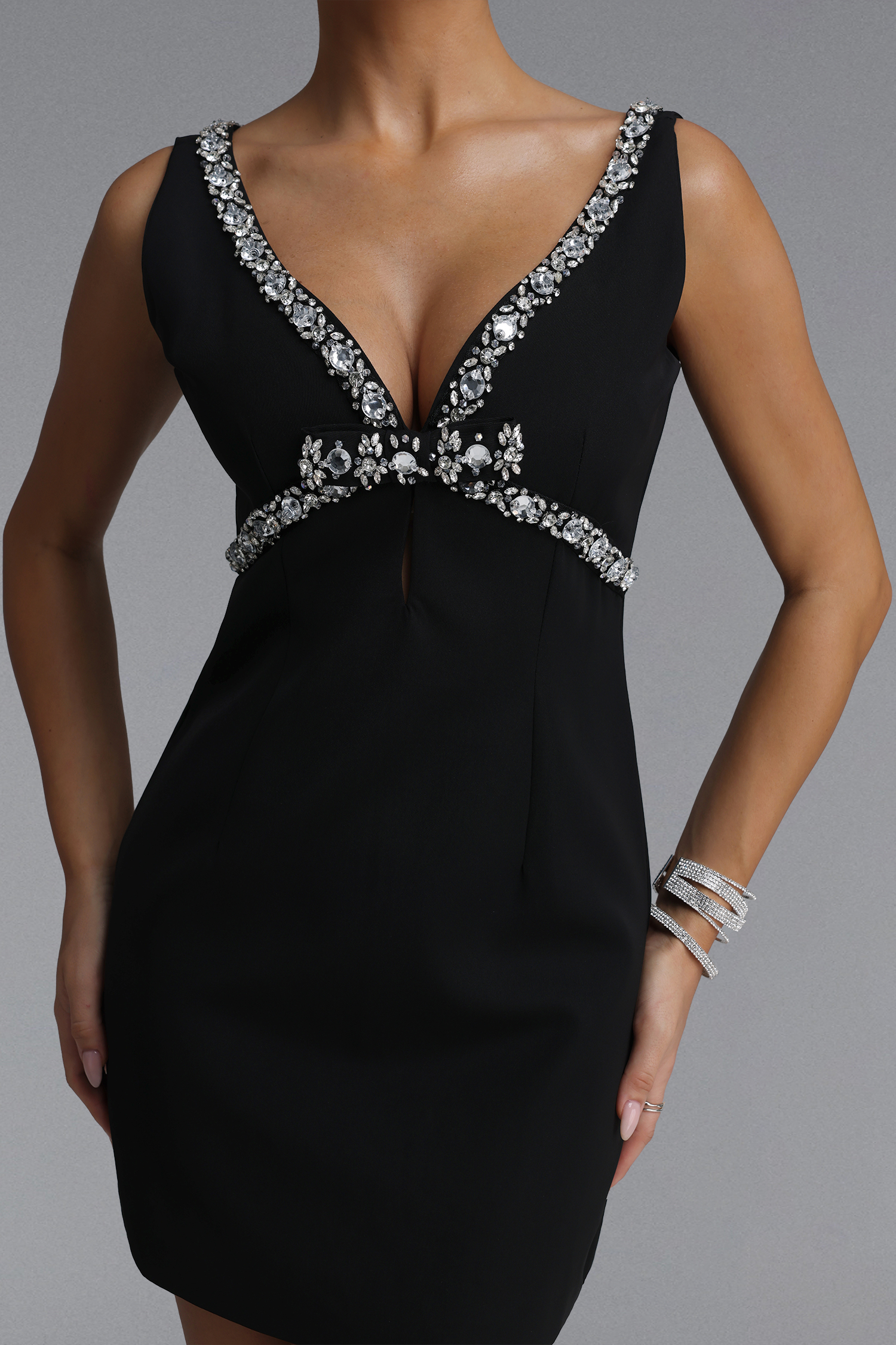 Davina Elegant Tailored V Neck Sleeveless Rhinestone Woven Mini Dress