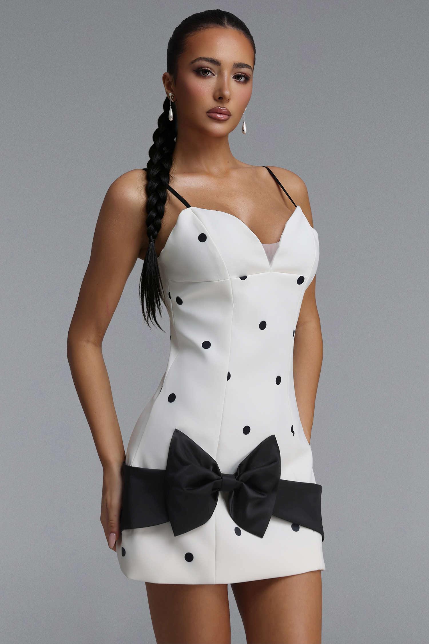 Ditala Elegant Tailored Spaghetti Strap Bow Polka Dot Woven Mini Dress