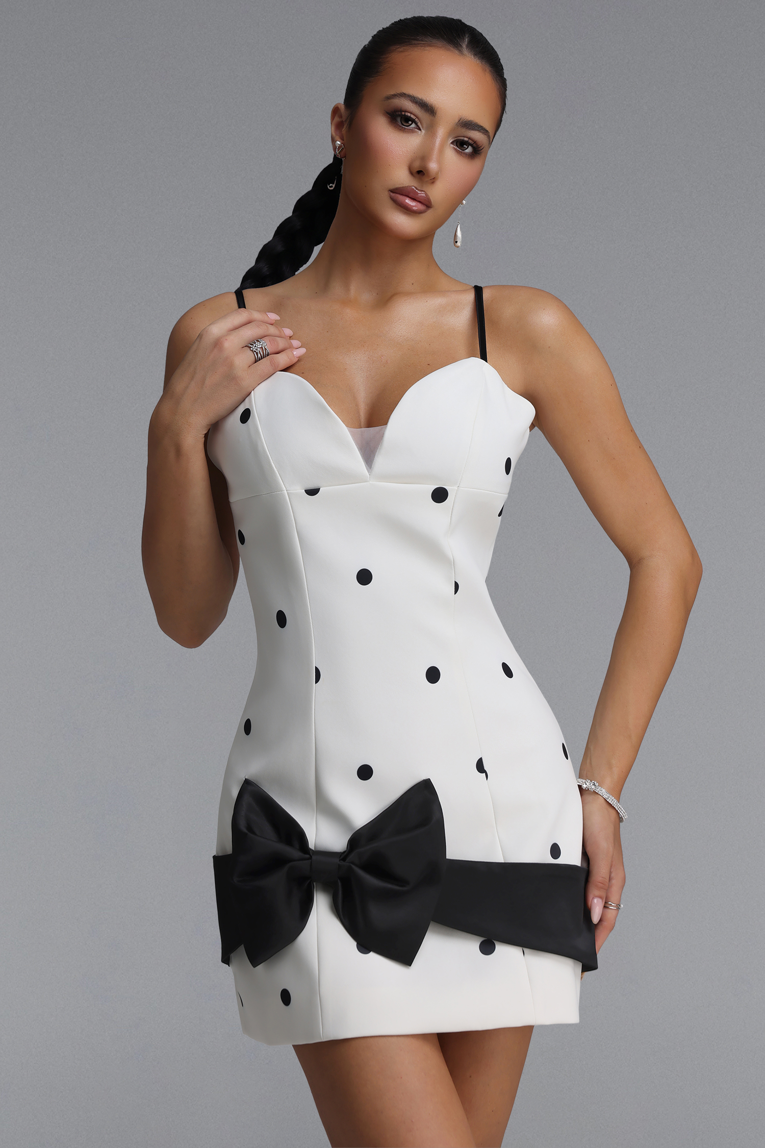 Ditala Elegant Tailored Spaghetti Strap Bow Polka Dot Woven Mini Dress