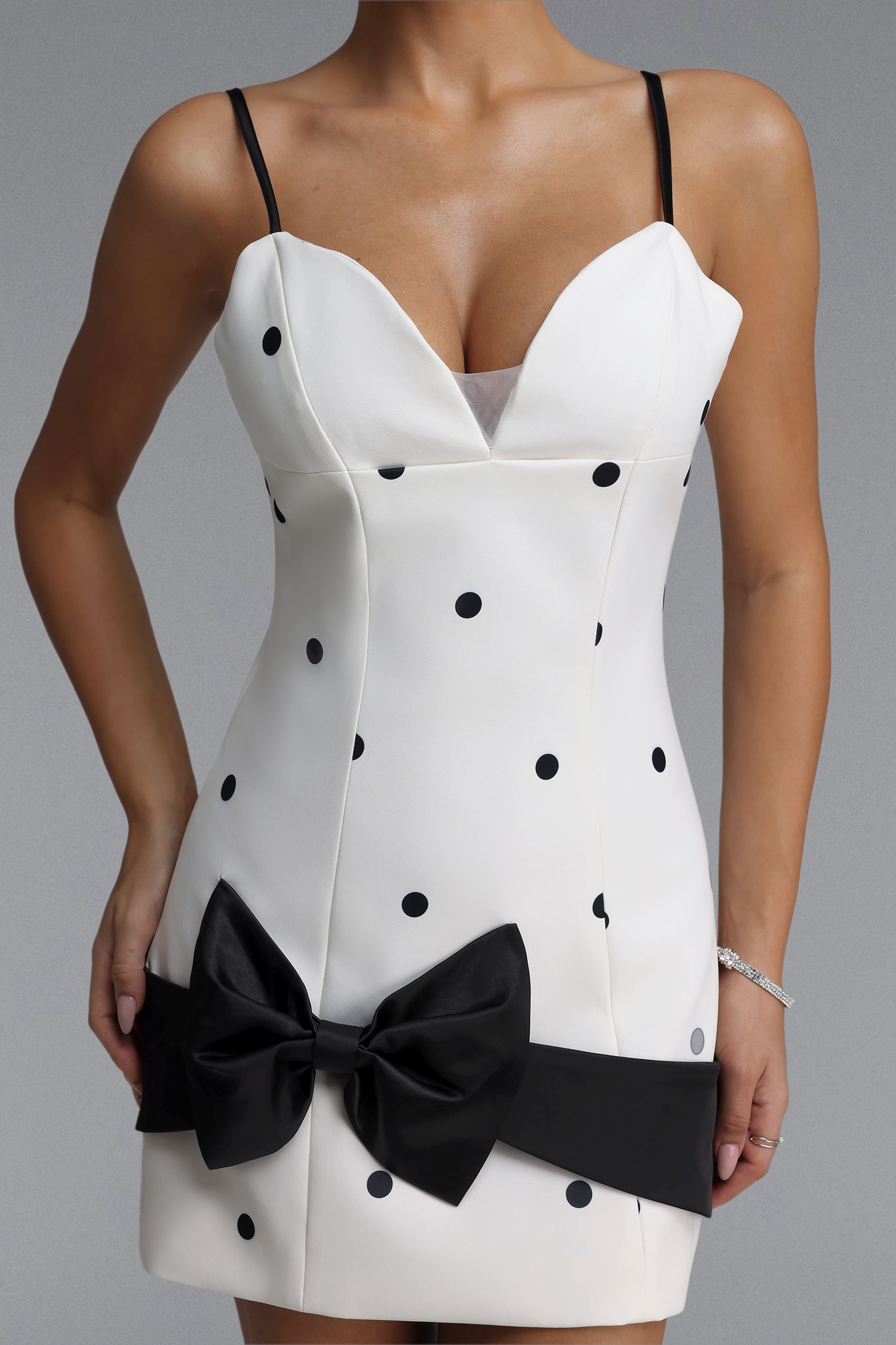 Ditala Elegant Tailored Spaghetti Strap Bow Polka Dot Woven Mini Dress