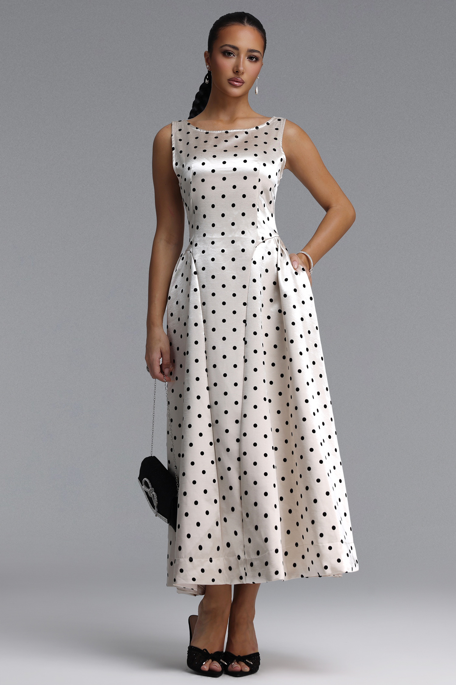 Lafesa Elegant Tailored Round Neck Sleeveless Polka Dot Satin Maxi Dress
