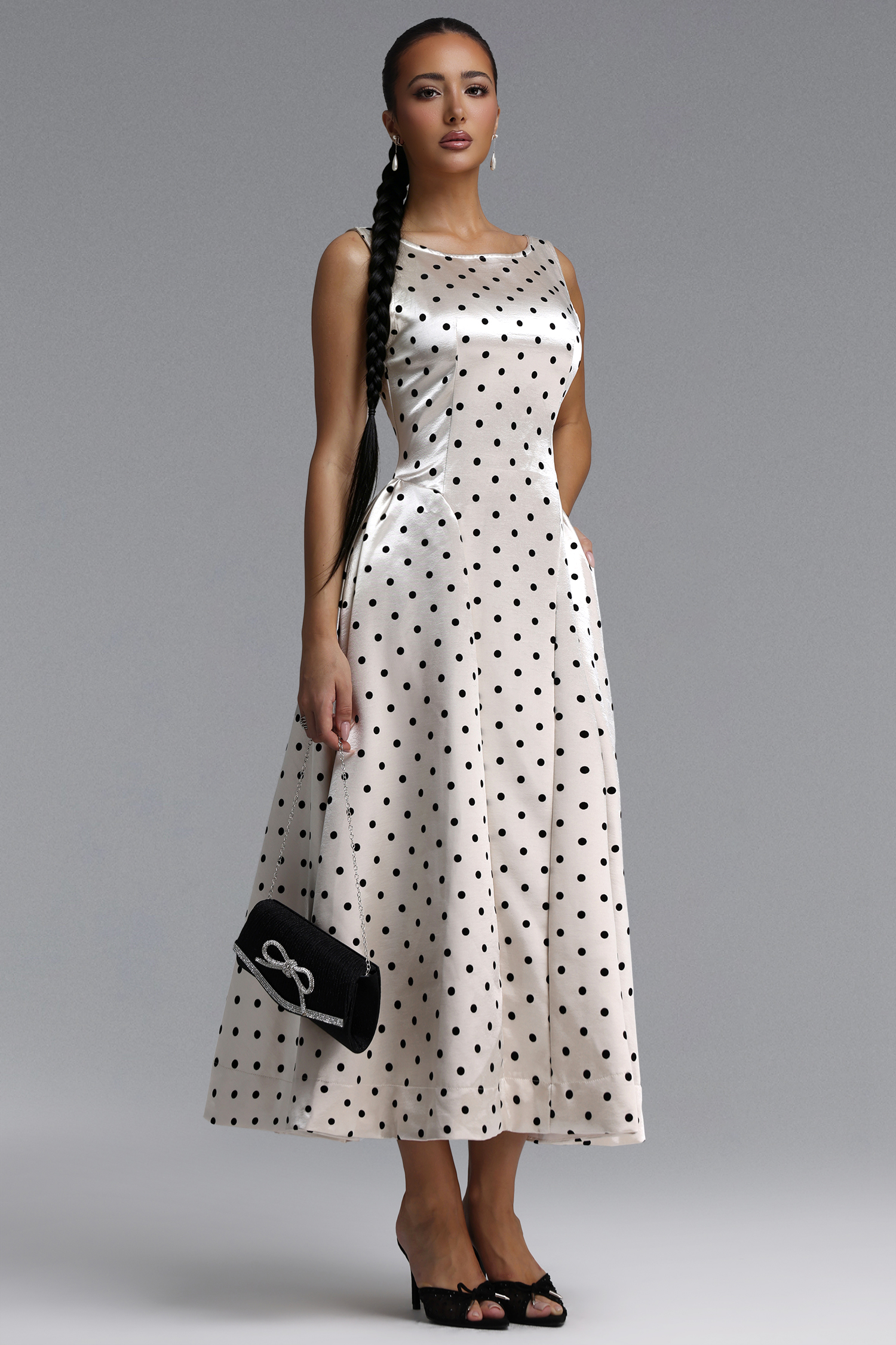 Lafesa Elegant Tailored Round Neck Sleeveless Polka Dot Satin Maxi Dress
