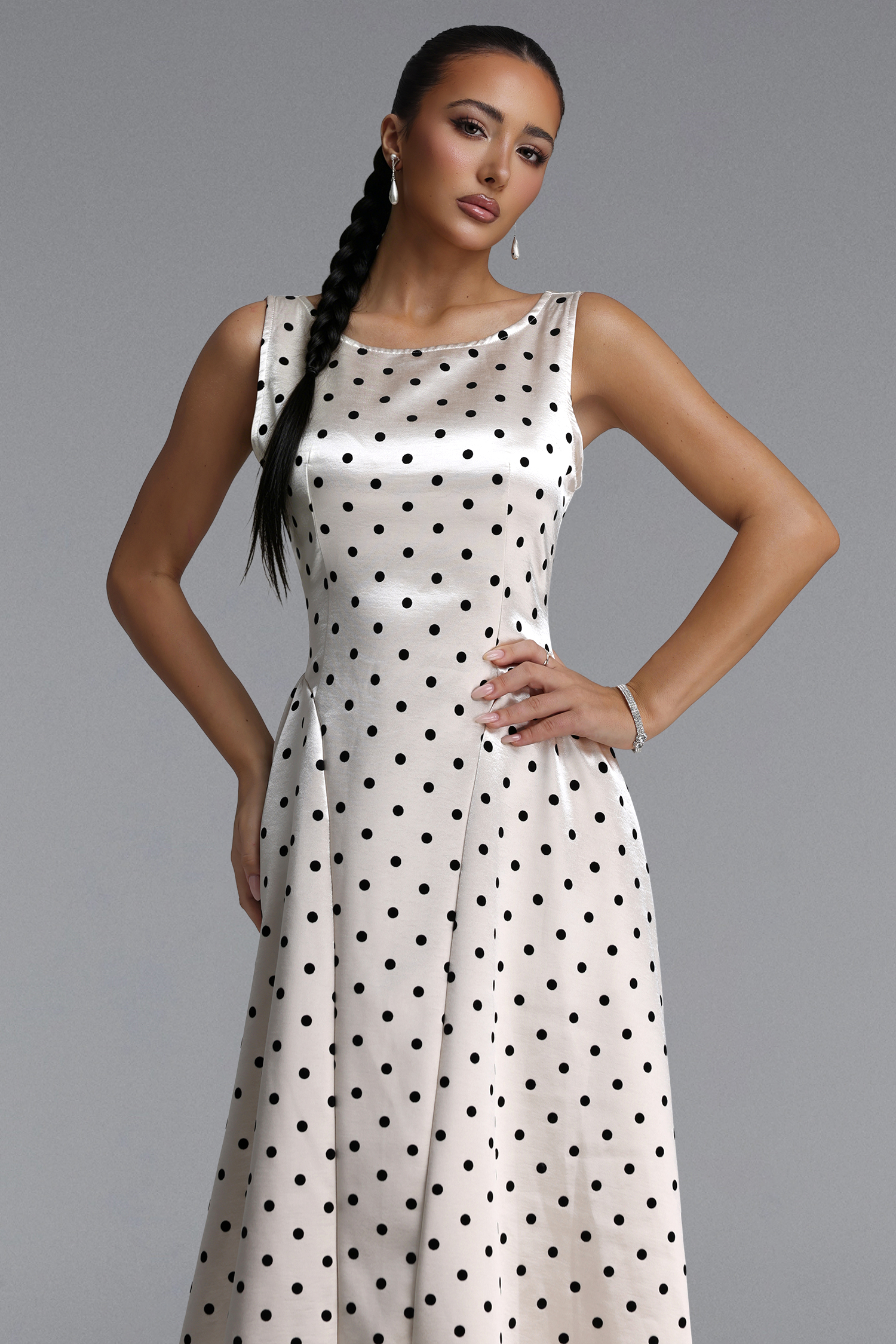 Lafesa Elegant Tailored Round Neck Sleeveless Polka Dot Satin Maxi Dress