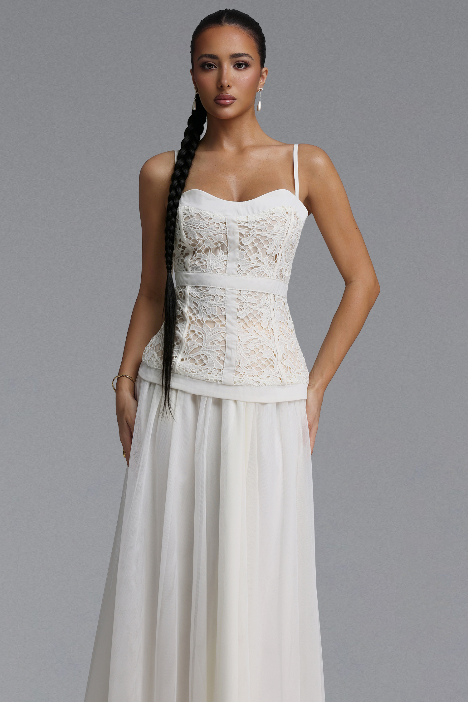 Yuyo Elegant Cinched Spaghetti Strap Floral Lace Trimmed Tulle Top and Skirt Two Piece Set
