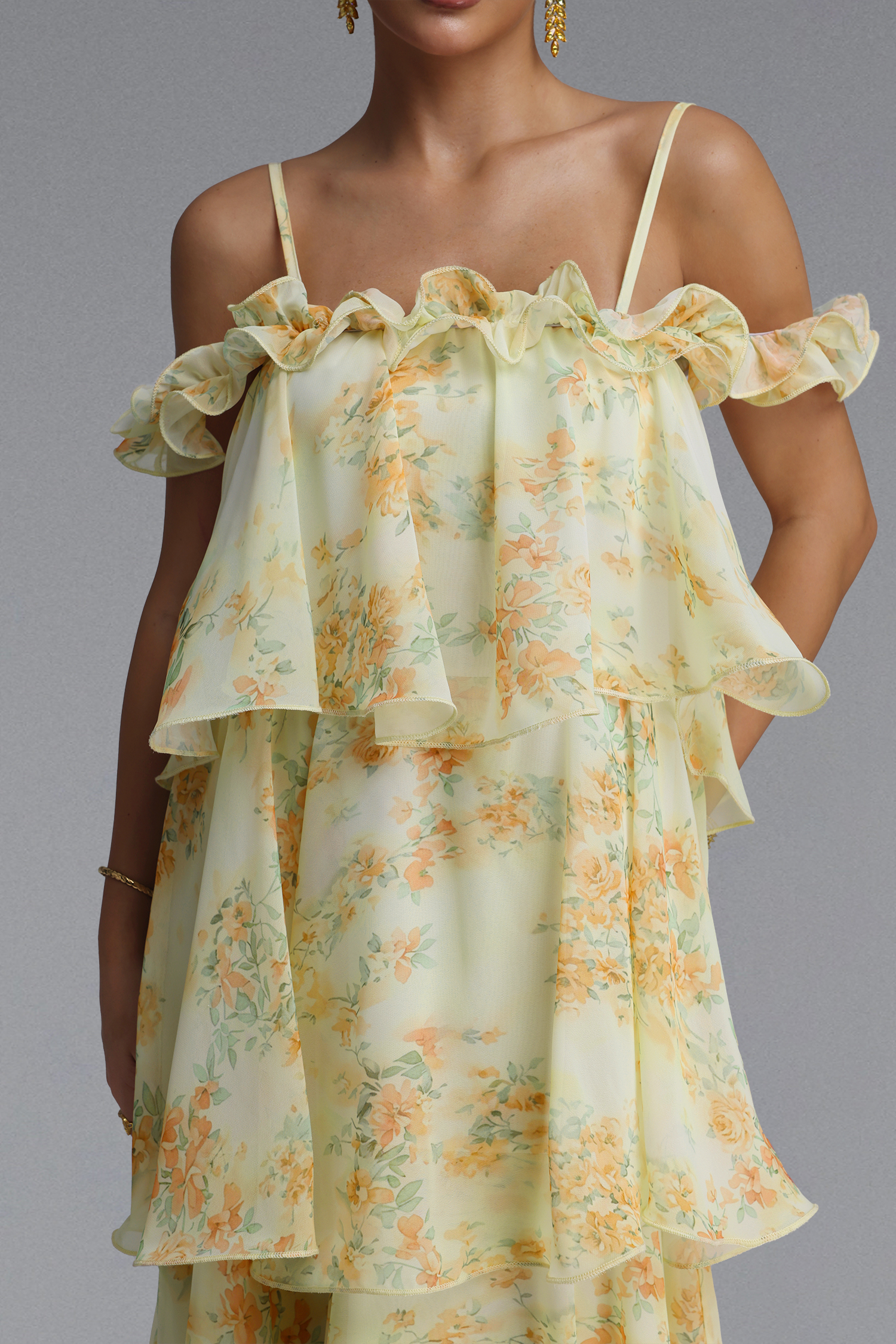 Tasanee Resort Flowy Spaghetti Strap Ruffle Floral Print Chiffon Maxi Dress