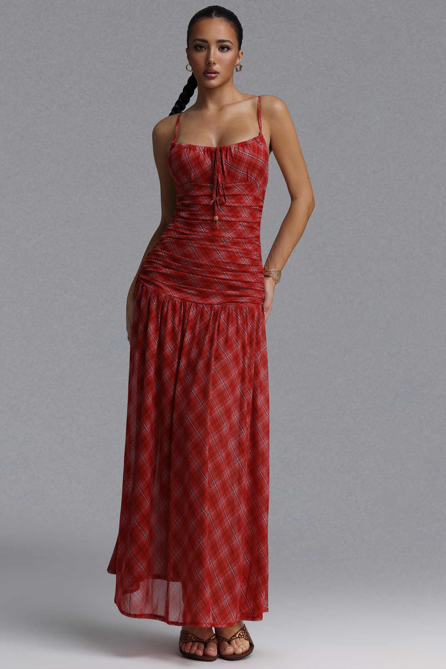 Imane Resort Flowy Spaghetti Strap Plaid Chiffon Maxi Dress
