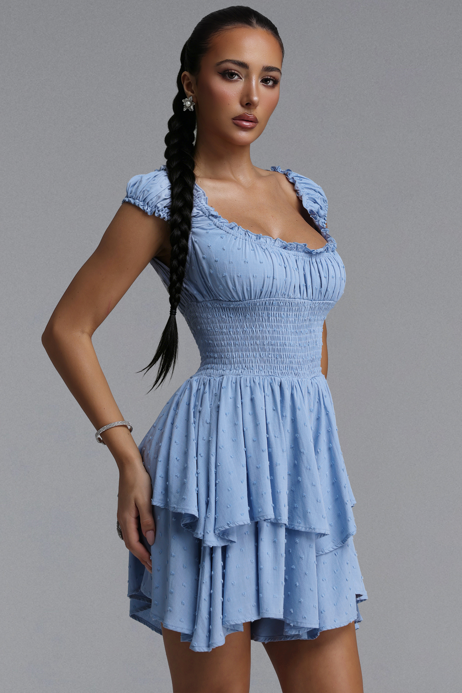 Irare Romantic Flowy Sleeveless Ruched Knit Blue Mini Dress