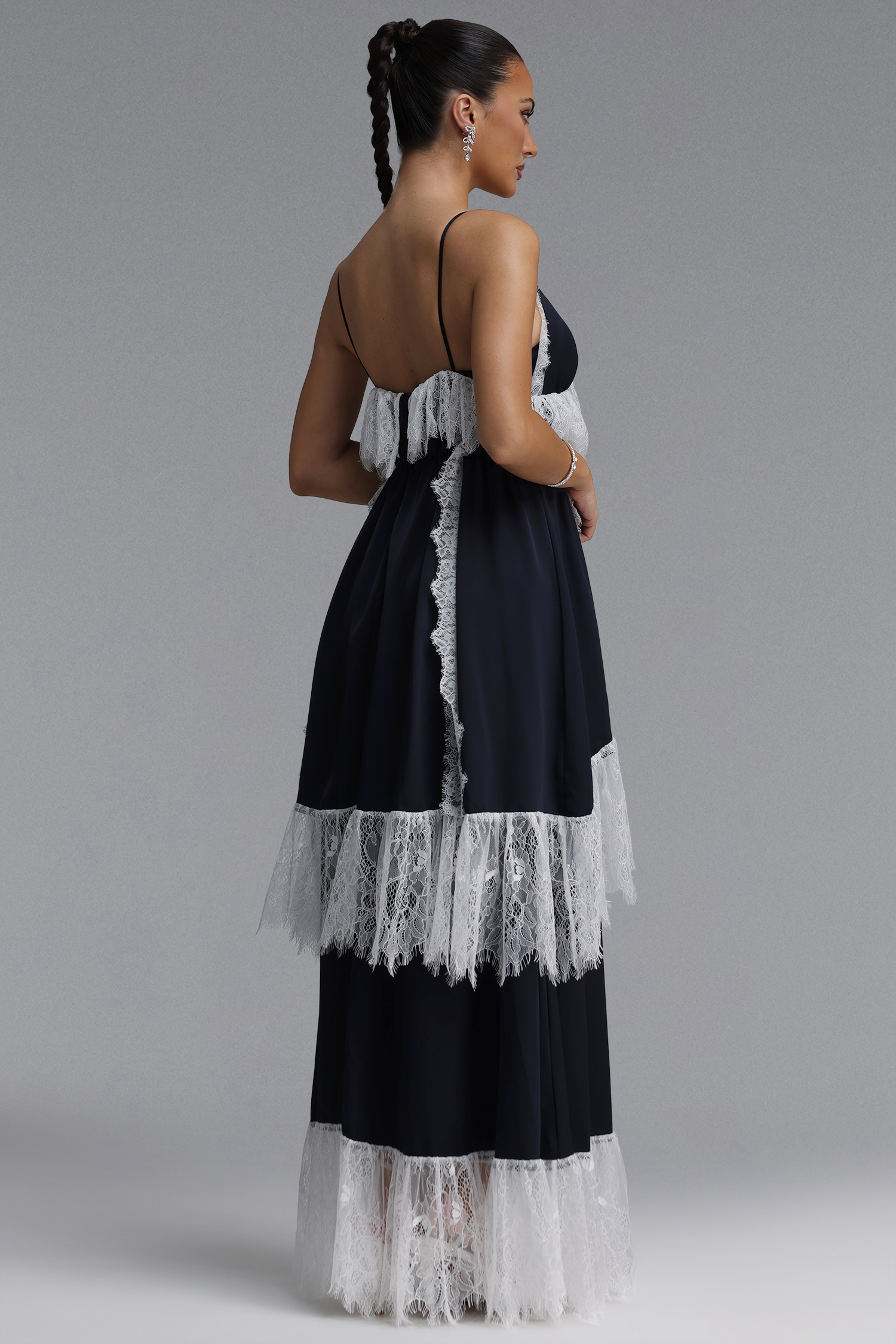Peoph Resort Flowy V Neck Spaghetti Strap Lace Trimmed Woven Maxi Dress