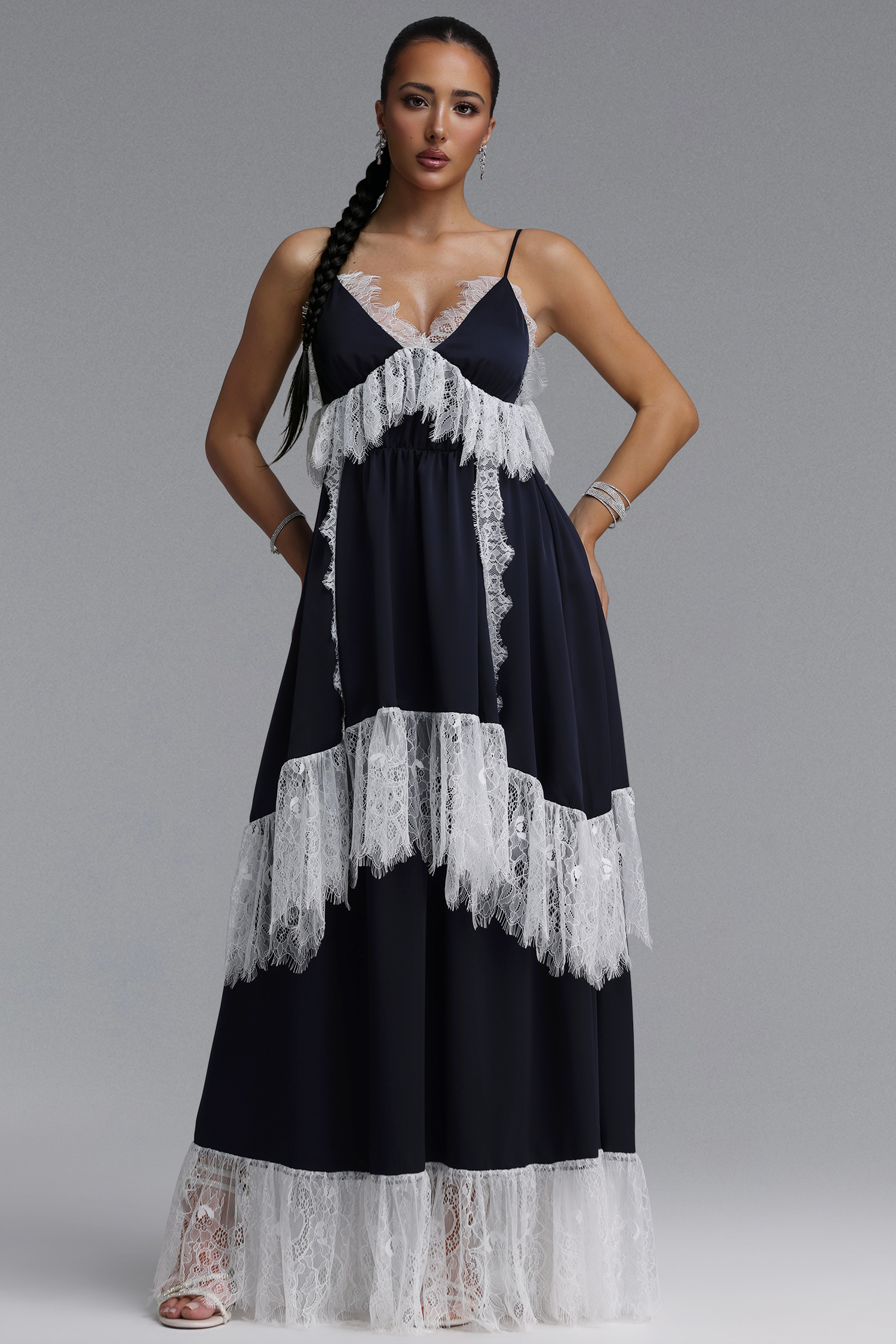 Peoph Resort Flowy V Neck Spaghetti Strap Lace Trimmed Woven Maxi Dress