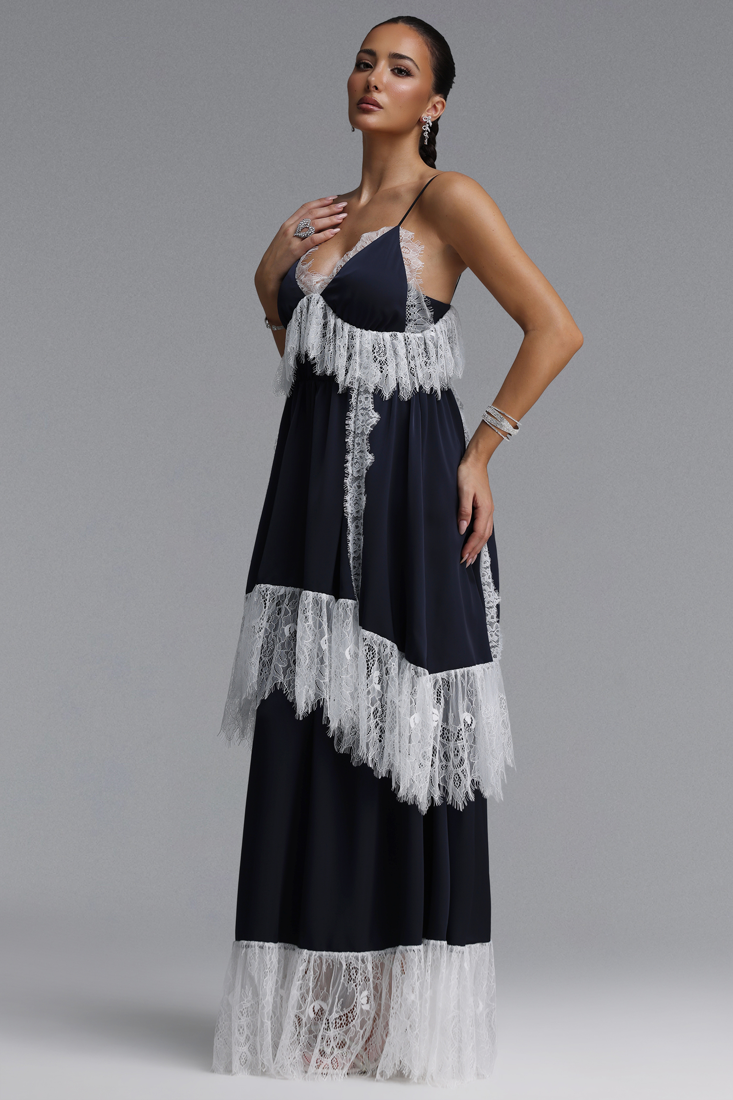 Peoph Resort Flowy V Neck Spaghetti Strap Lace Trimmed Woven Maxi Dress
