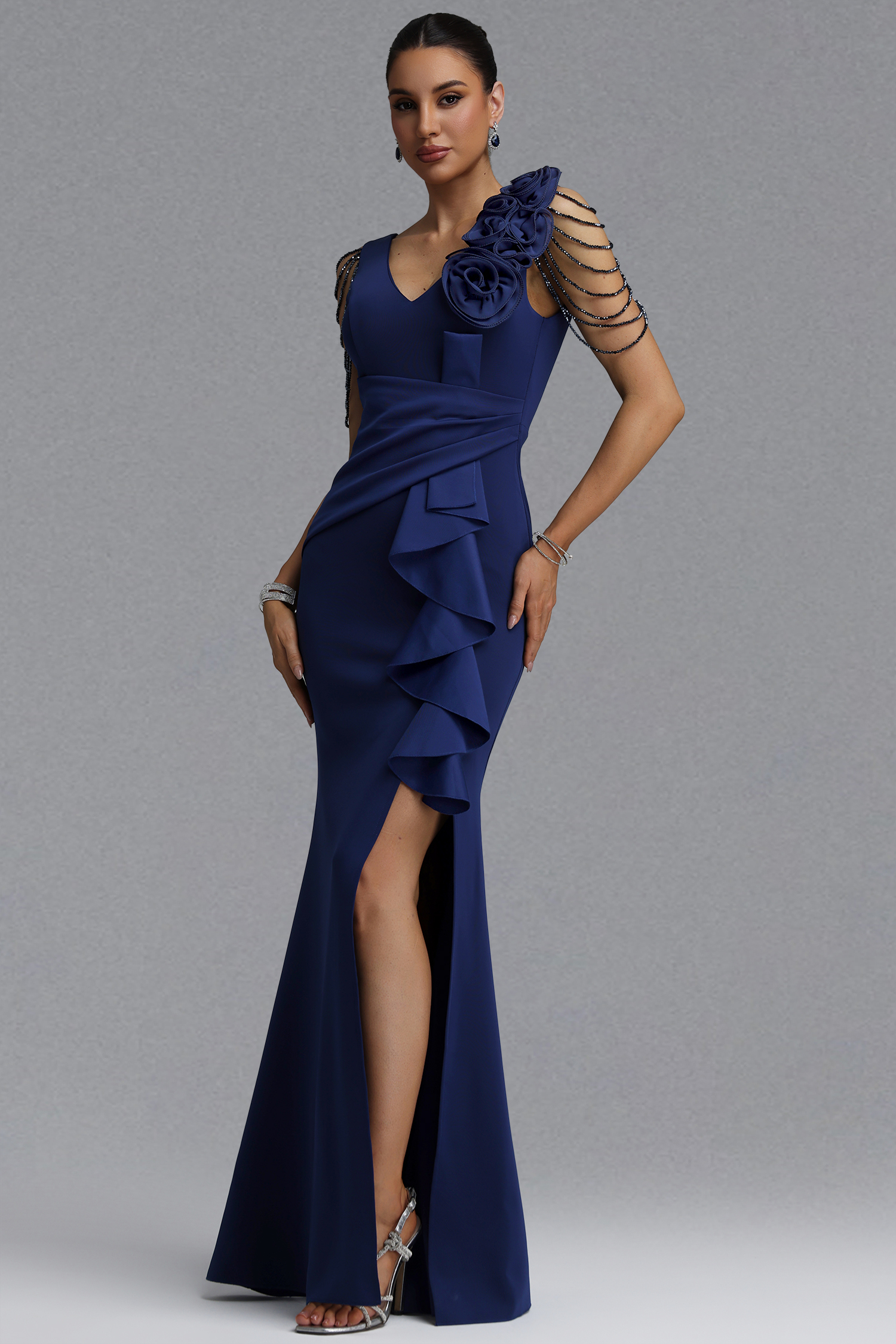 Lillian Elegant Waist-Cinching Deep V Neck 3D Floral Tassel Beaded Ruffle High Slit Mermaid Maxi Evening Dress