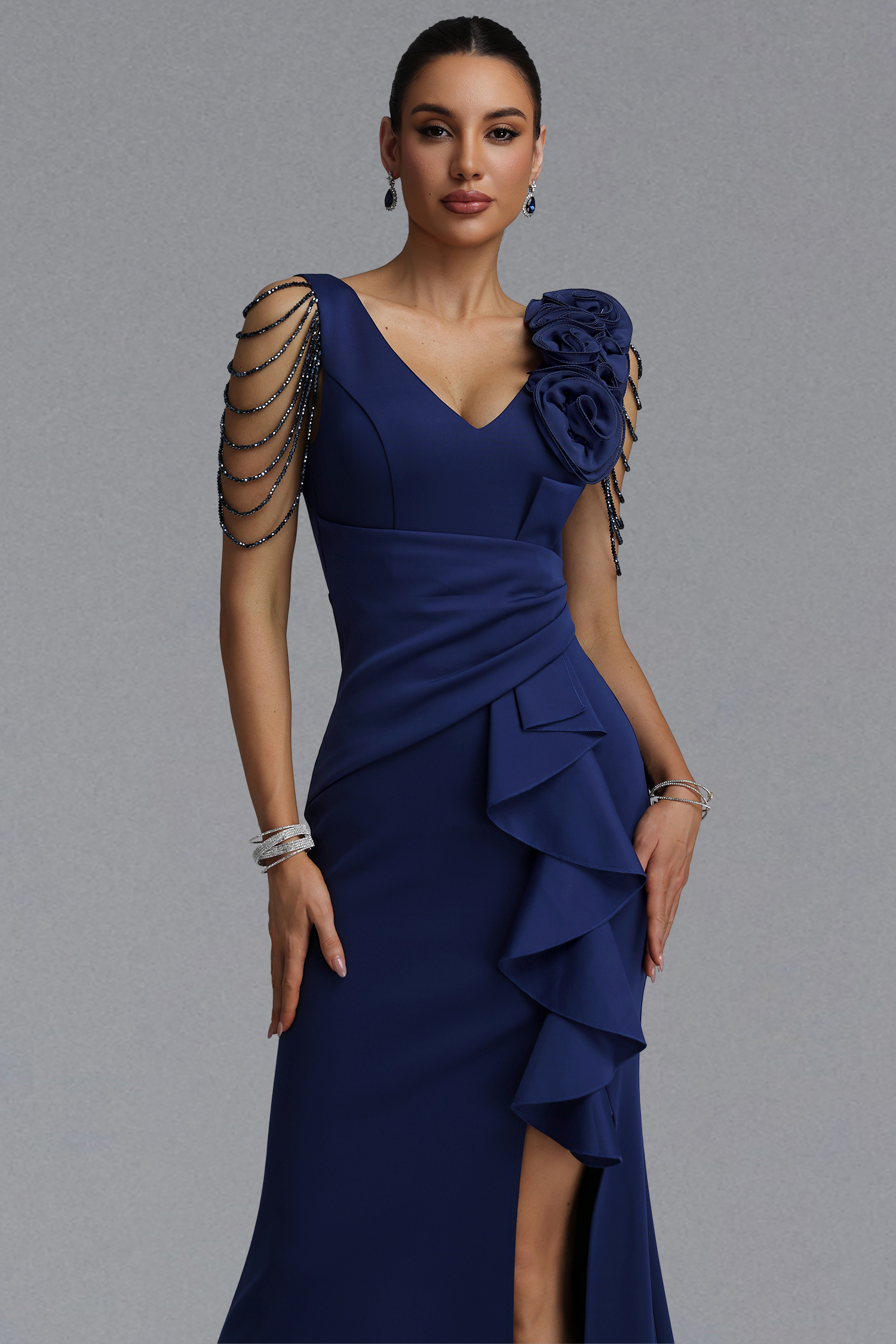 Lillian Elegant Waist-Cinching Deep V Neck 3D Floral Tassel Beaded Ruffle High Slit Mermaid Maxi Evening Dress