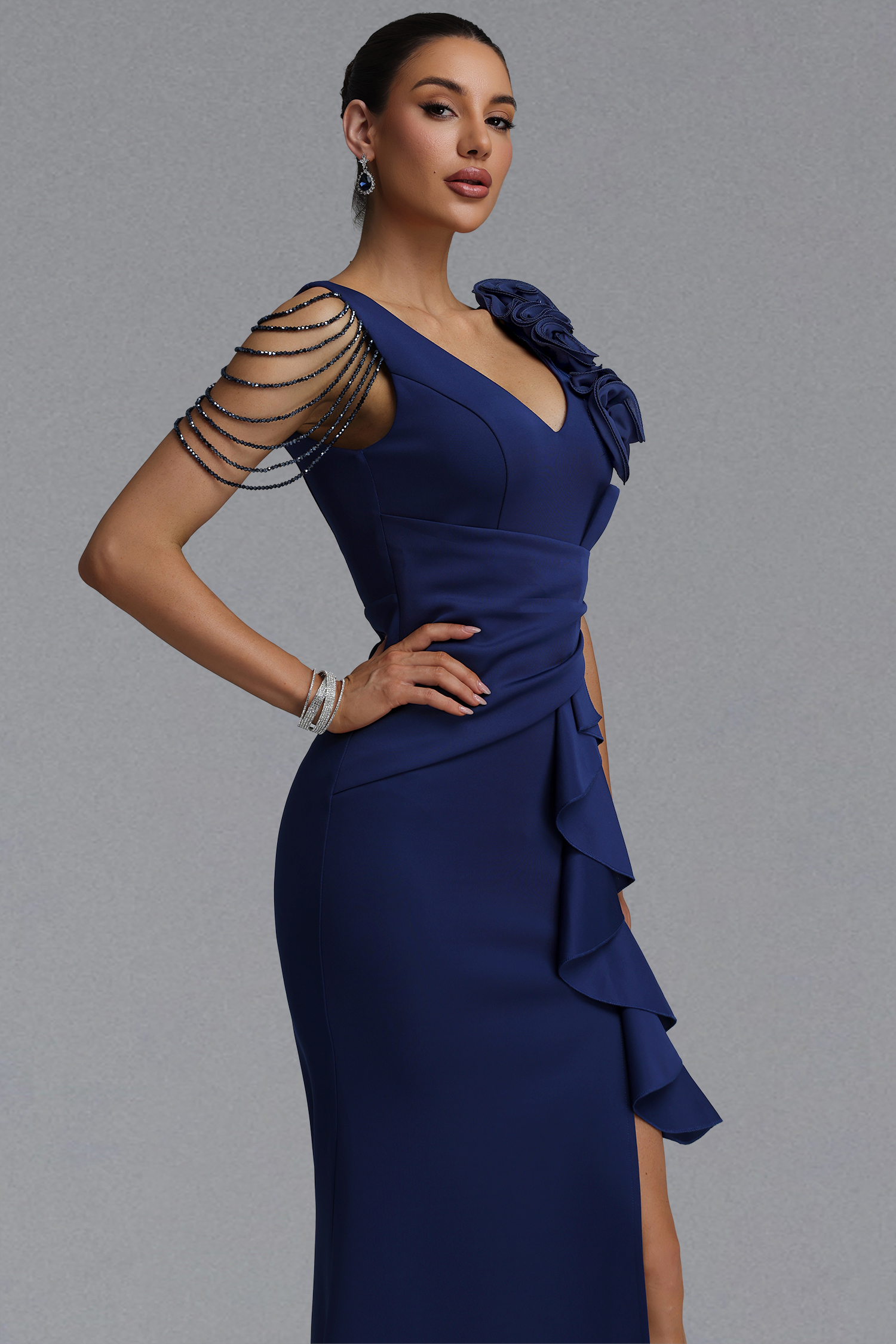 Lillian Elegant Waist-Cinching Deep V Neck 3D Floral Tassel Beaded Ruffle High Slit Mermaid Maxi Evening Dress