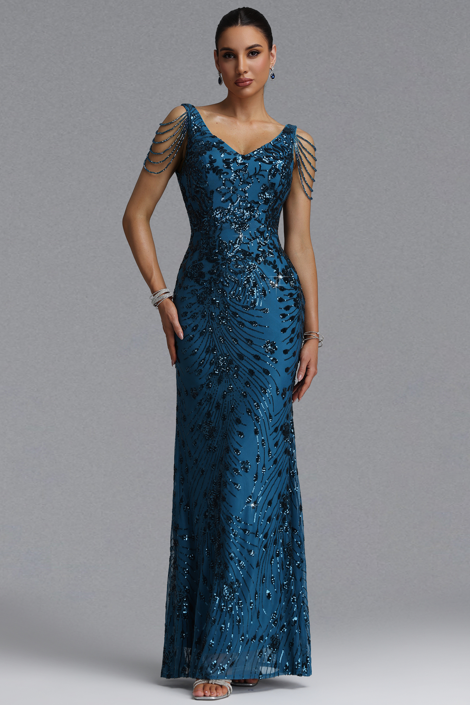 Gerianna Elegant Waist-Cinching Deep V Pearl Chain Tassel Floral Sequin Mesh Mermaid Maxi Evening Dress