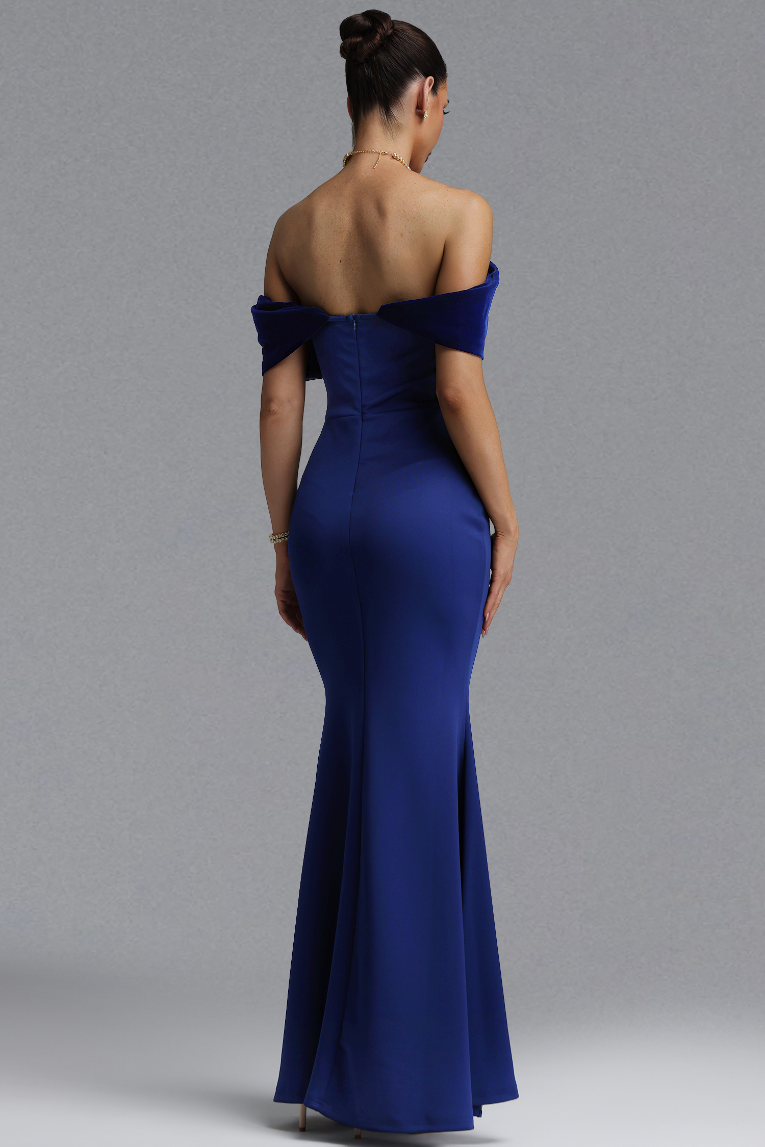 Saraja Elegant Waist-Cinching Off Shoulder Velvet Fold Over Mermaid Maxi Evening Dress