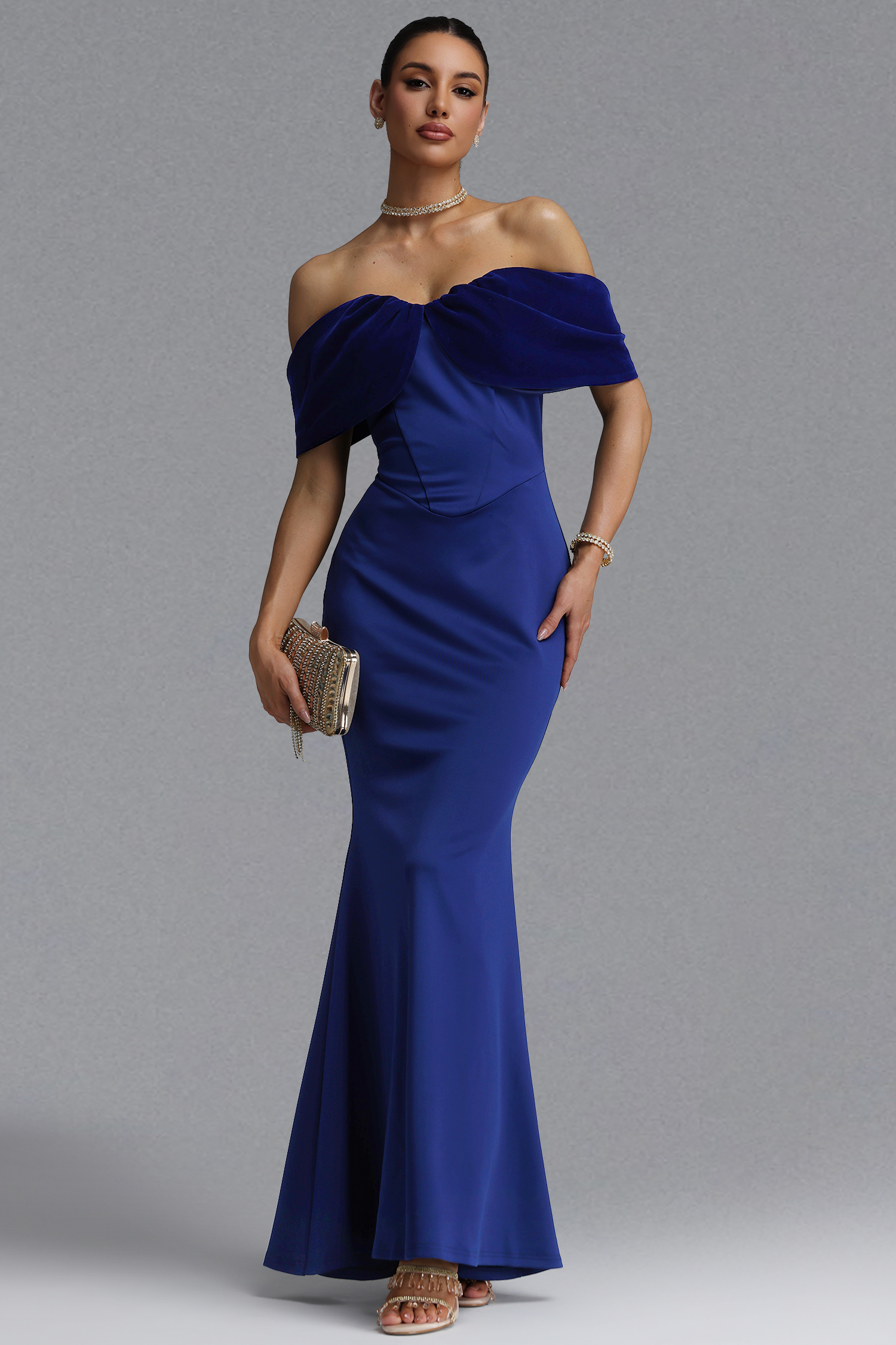 Saraja Elegant Waist-Cinching Off Shoulder Velvet Fold Over Mermaid Maxi Evening Dress