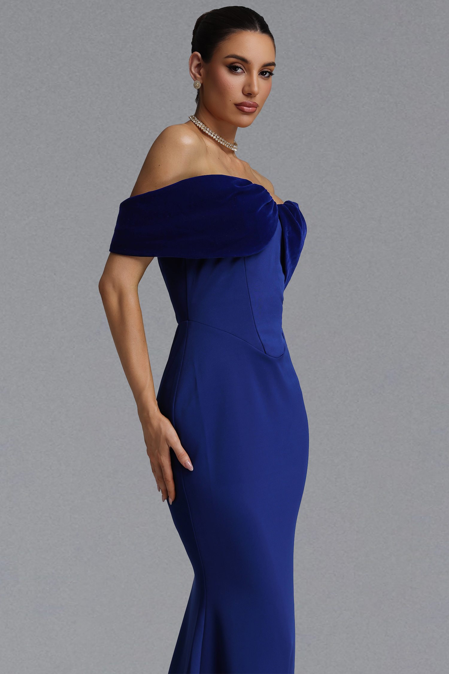 Saraja Elegant Waist-Cinching Off Shoulder Velvet Fold Over Mermaid Maxi Evening Dress