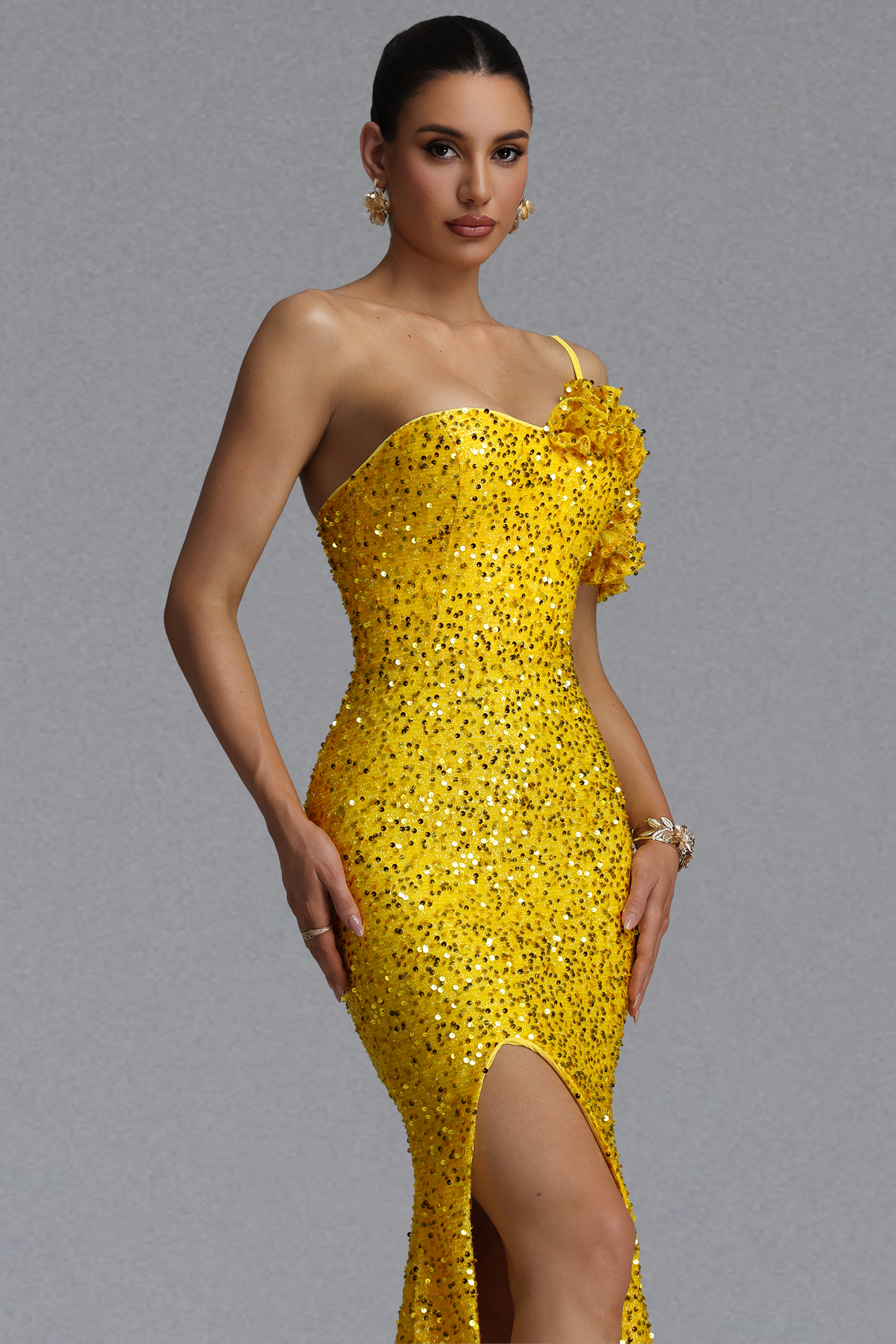 Sukia Elegant Waist-Cinching One Shoulder Thin Strap 3D Ruffle Floral Sequin High Slit Mermaid Maxi Evening Dress