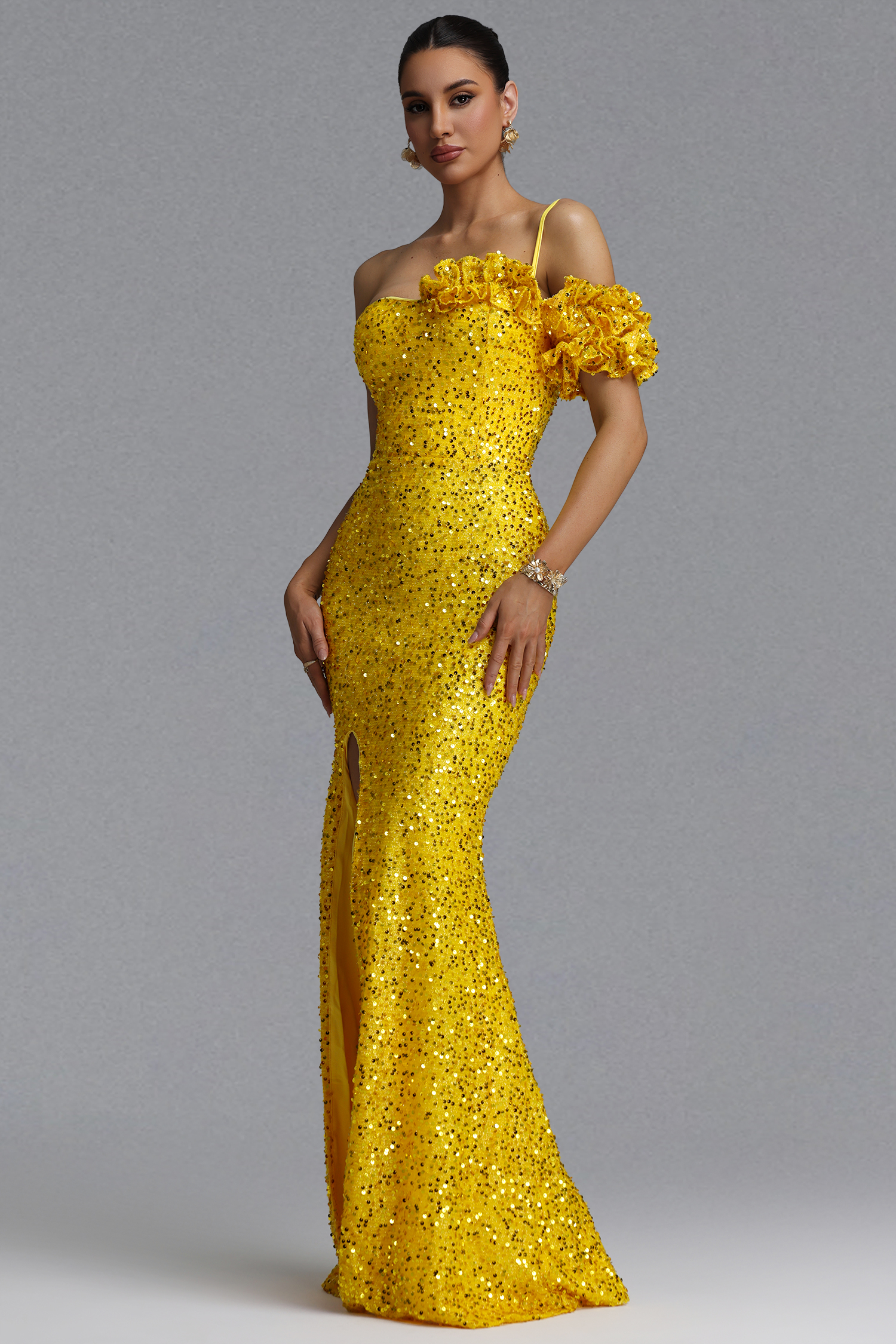 Sukia Elegant Waist-Cinching One Shoulder Thin Strap 3D Ruffle Floral Sequin High Slit Mermaid Maxi Evening Dress