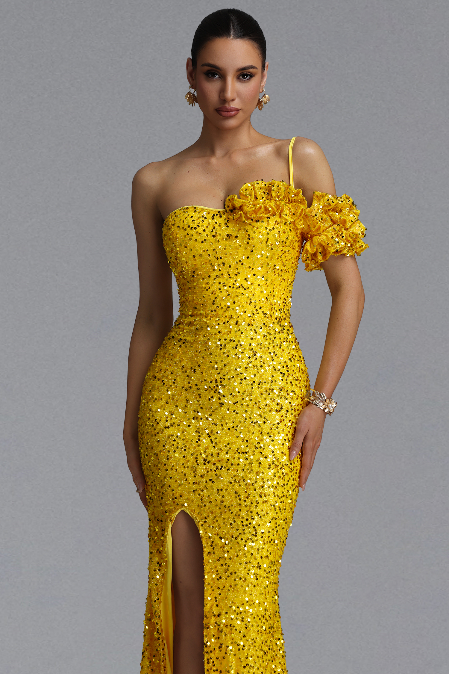 Sukia Elegant Waist-Cinching One Shoulder Thin Strap 3D Ruffle Floral Sequin High Slit Mermaid Maxi Evening Dress