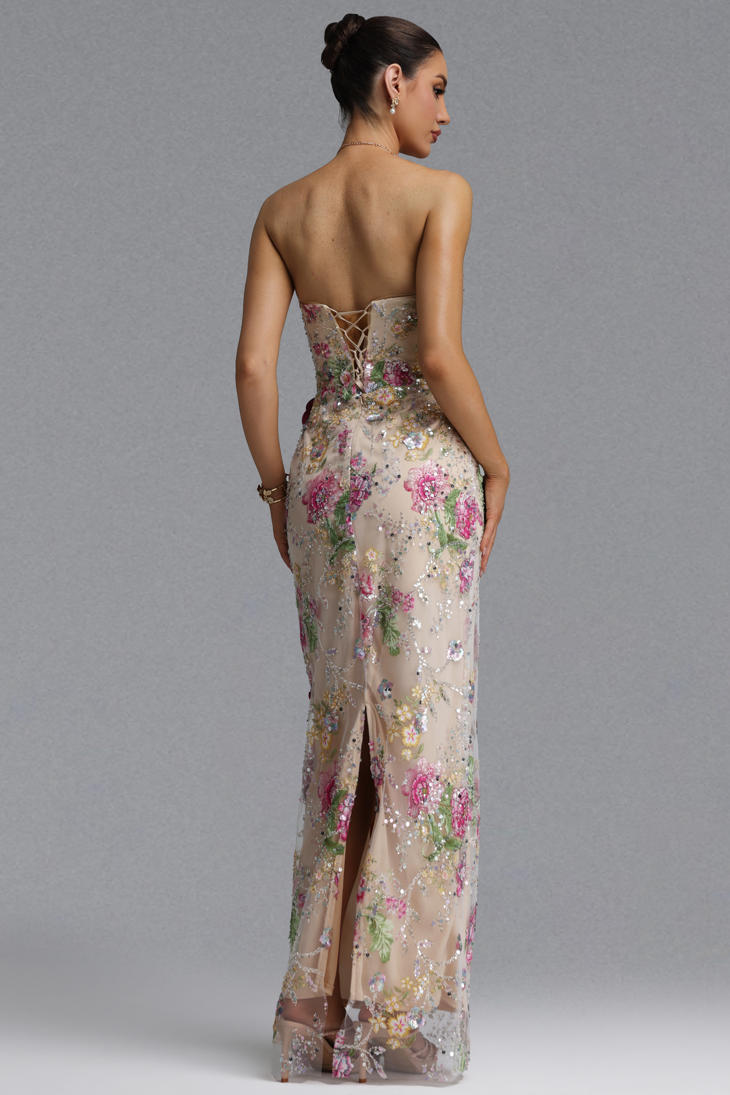 Katrina Elegant Slim Strapless Heart Neck Rose Floral Sequin Sheer Mesh Mermaid Maxi Evening Dress