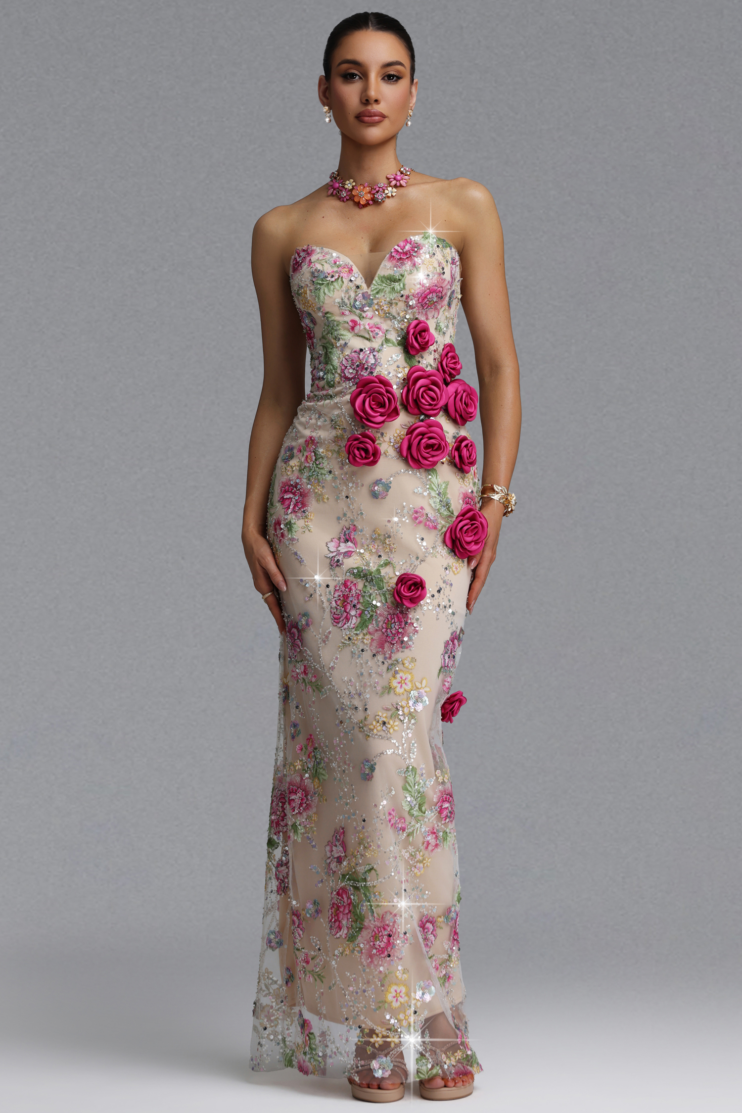 Katrina Elegant Slim Strapless Heart Neck Rose Floral Sequin Sheer Mesh Mermaid Maxi Evening Dress