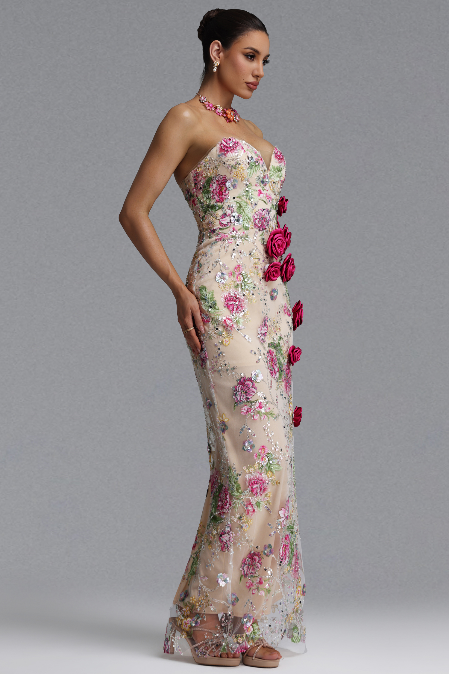 Katrina Elegant Slim Strapless Heart Neck Rose Floral Sequin Sheer Mesh Mermaid Maxi Evening Dress