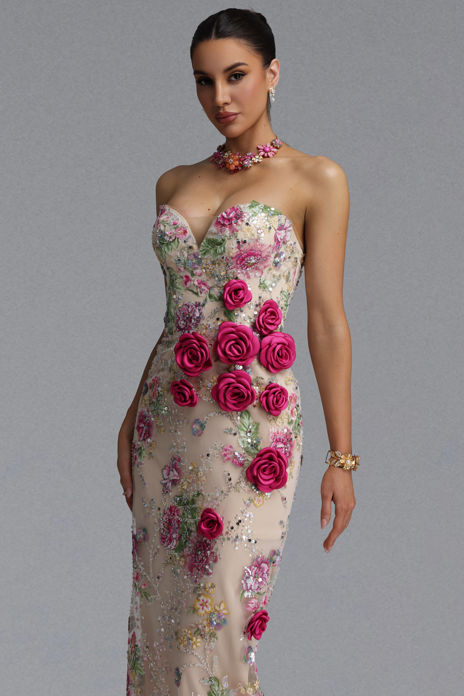 Katrina Elegant Slim Strapless Heart Neck Rose Floral Sequin Sheer Mesh Mermaid Maxi Evening Dress