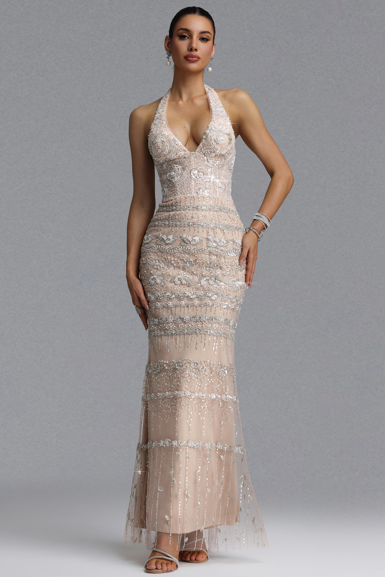 Irey Light Luxury Slim Deep V Halter Beaded Embroidery Mesh Mermaid Maxi Evening Dress