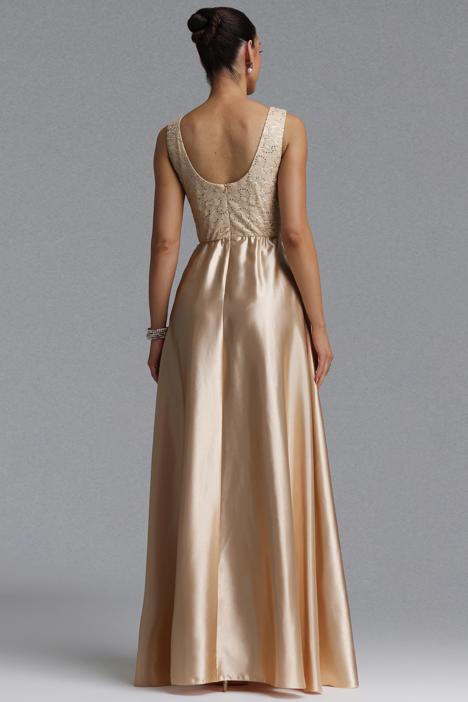 Lape Elegant Waist-Cinching Sleeveless Deep V Neck Rhinestone Beaded Satin A-Line Maxi Evening Dress
